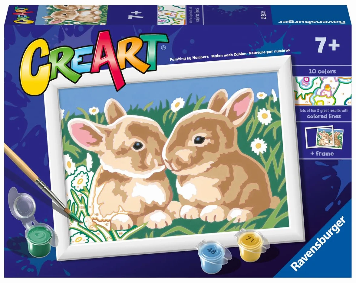Ravensburger CreArt: Teneri coniglietti – Dipingere con i Numeri per Bambini 7+ Anni, Kit Pittura con Tavole, Cornice, Pennello e Colori Inclusi, 14 x 19 cm, Idee Regalo