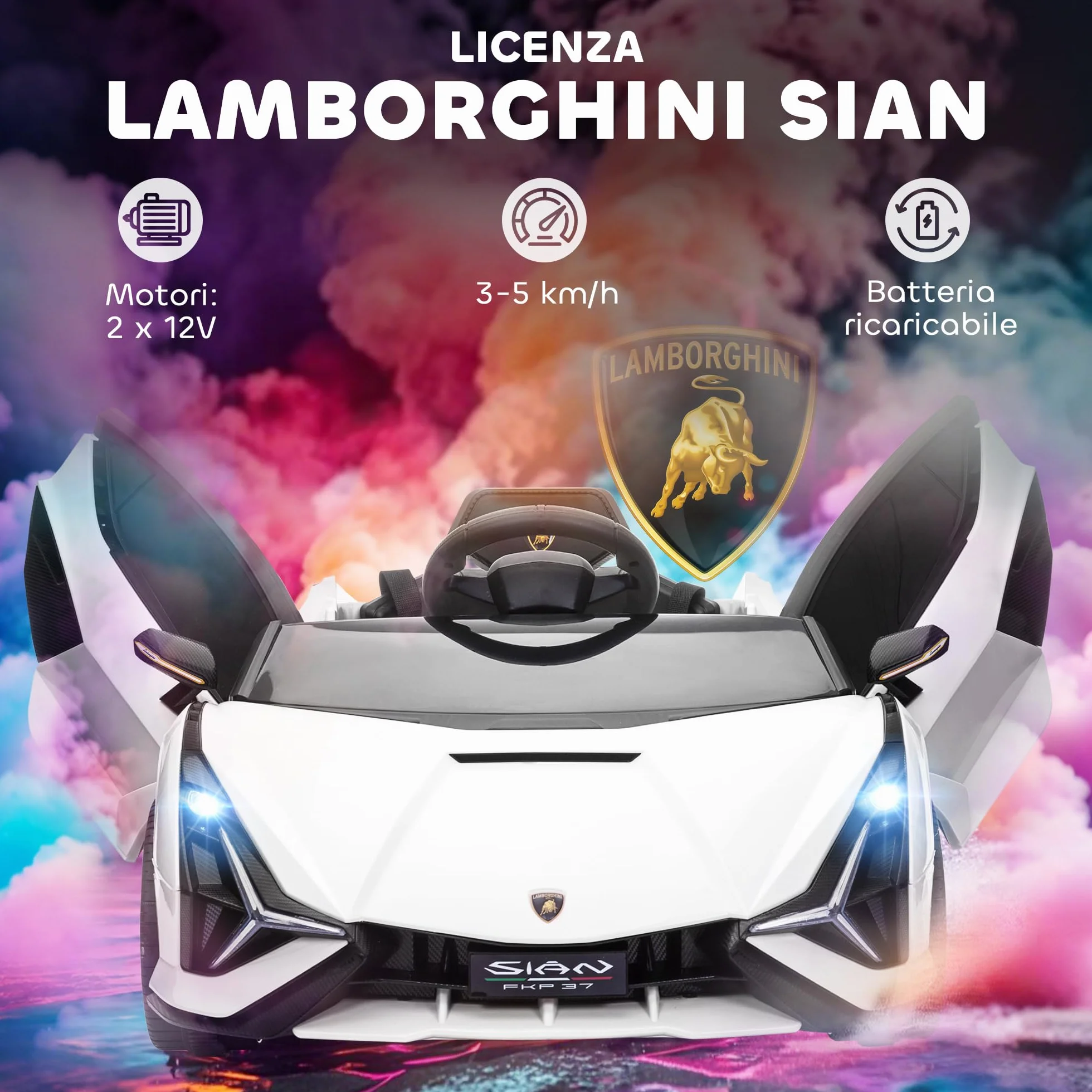 HOMCOM Macchina Elettrica per Bambini 3-5 Anni 12V Lamborghini SIAN, 3-5km/h Auto Elettrica per Bambini con 2 Motori, Fari e Musica, Telecomando, Cintura e Clacson, Bianco