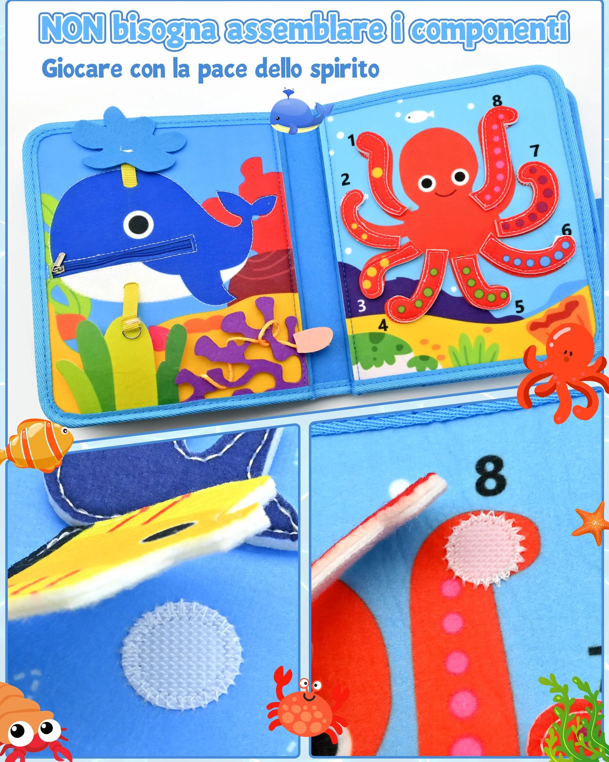 Busy Board Libro Montessori Interattivo 1 Anno, Busy Book Sensoriale Educativo, Giochi Montessori 1-4 Anni, Pannello di Feltro Attività, Valigetta Montessori Bambini (Oceano)