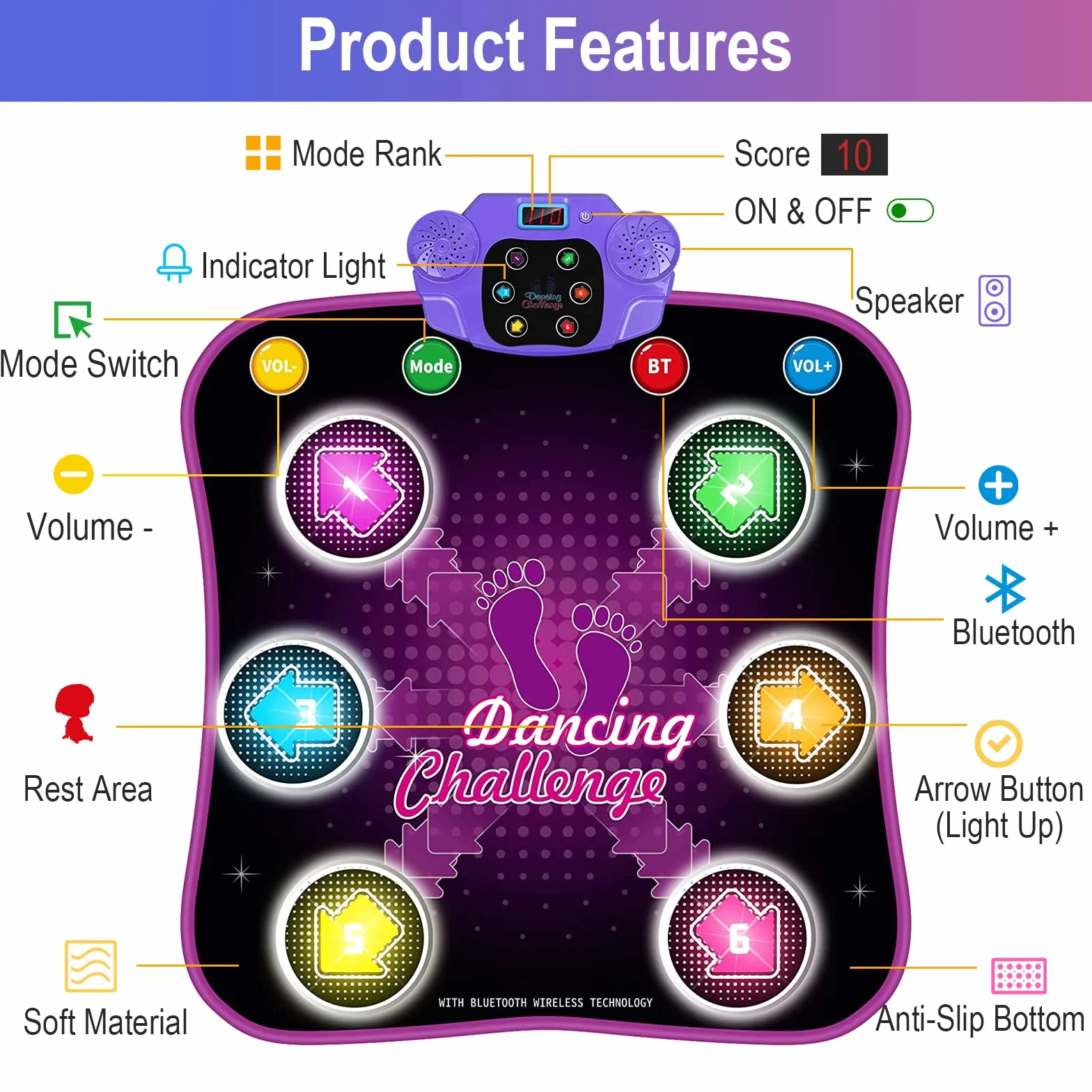 Tappetino da Ballo LED Bluetooth Bambini 3-12 Anni Viola