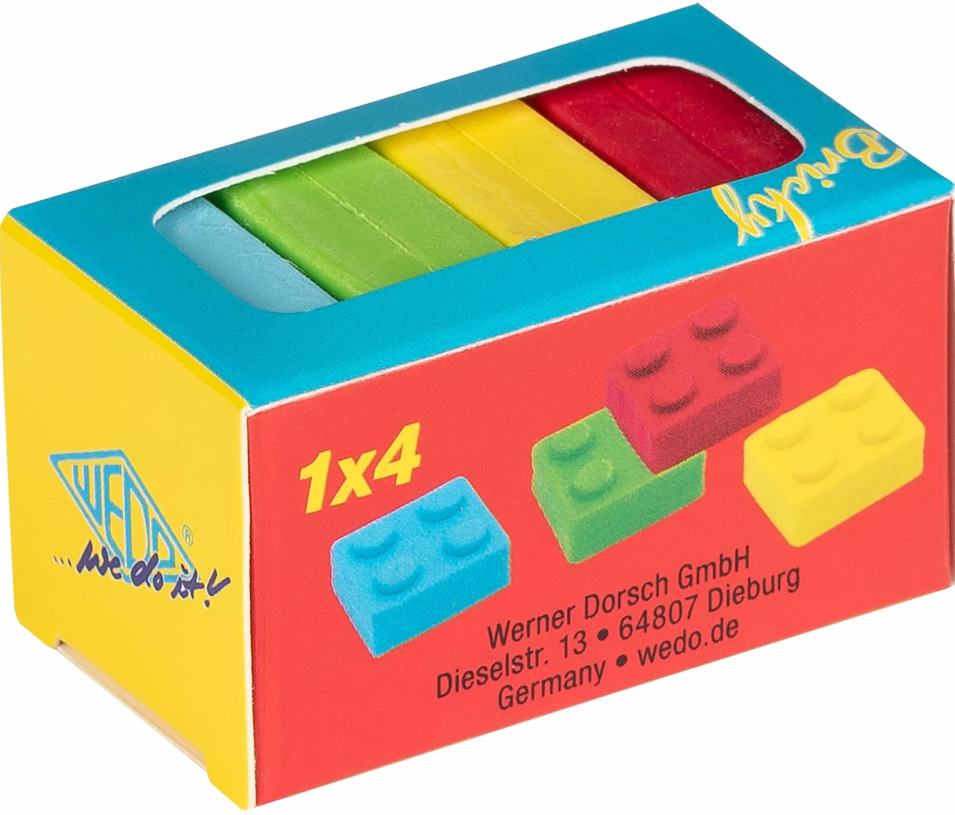WEDO Bricky - Set di 4 gomme da cancellare a forma di mattoncini (rosso, blu, giallo, verde), plastica, senza PVC, ftalati e lattice, circa 2,5 x 2,5 x 1,3 cm