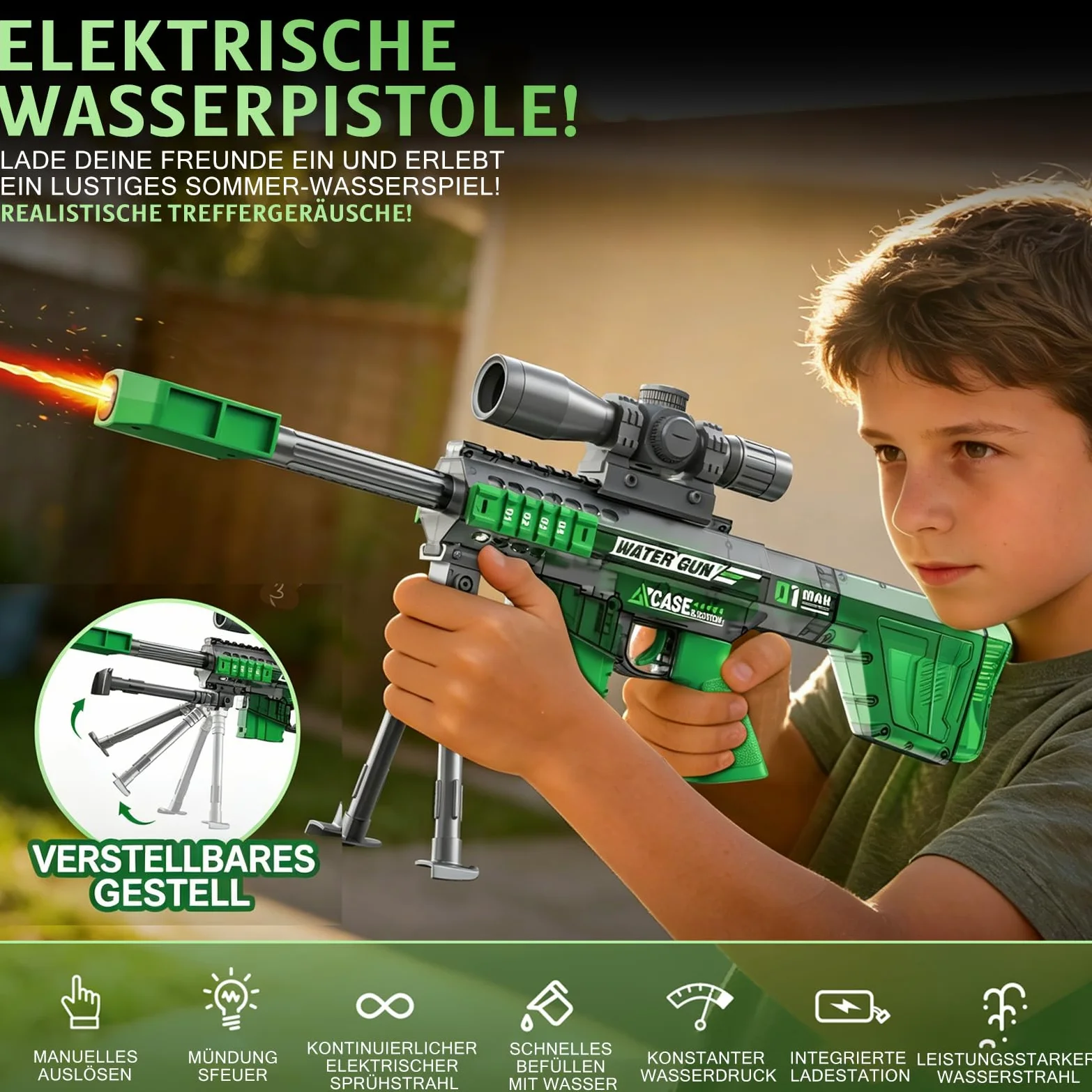 Maxee Pistola ad acqua elettrica, pistola a spruzzo automatica con un pulsante, per bambini, adulti, piscina, feste, spiaggia all'aperto, colore nero