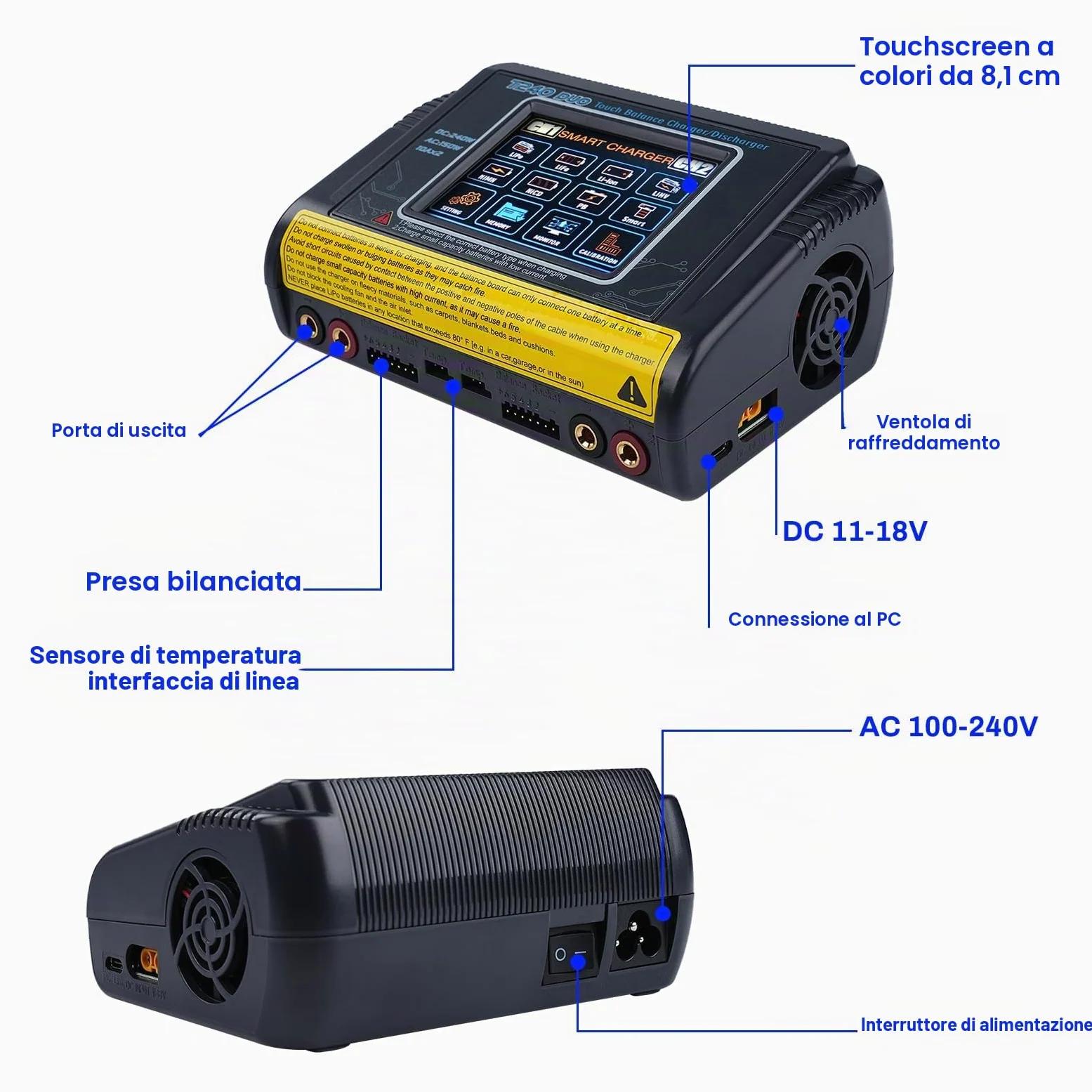 BuyWeek T240 DUO RC Caricabatterie Bilanciamento AC150W/DC240W 10A carica batteria per auto 3,2 pollici touch screen caricabatterie litio alta precisione per LiPo/Lilon/LiFe/NiMH/NiCd/PB/NiMH