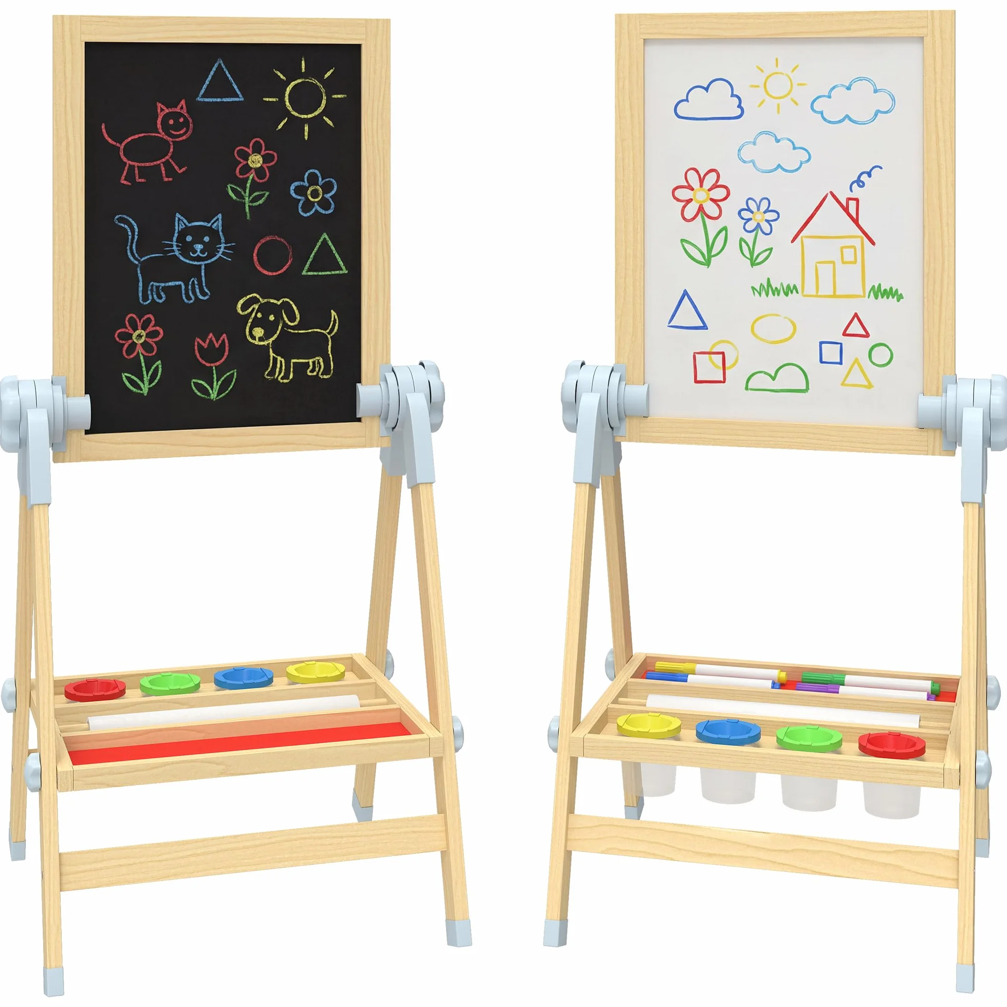 AIYAPLAY Cavalletto da Disegno per Bambini con Lavagna Doppia Magnetica, Vassoio Portamatite, Rotolo Carta Incluso, Legno Naturale