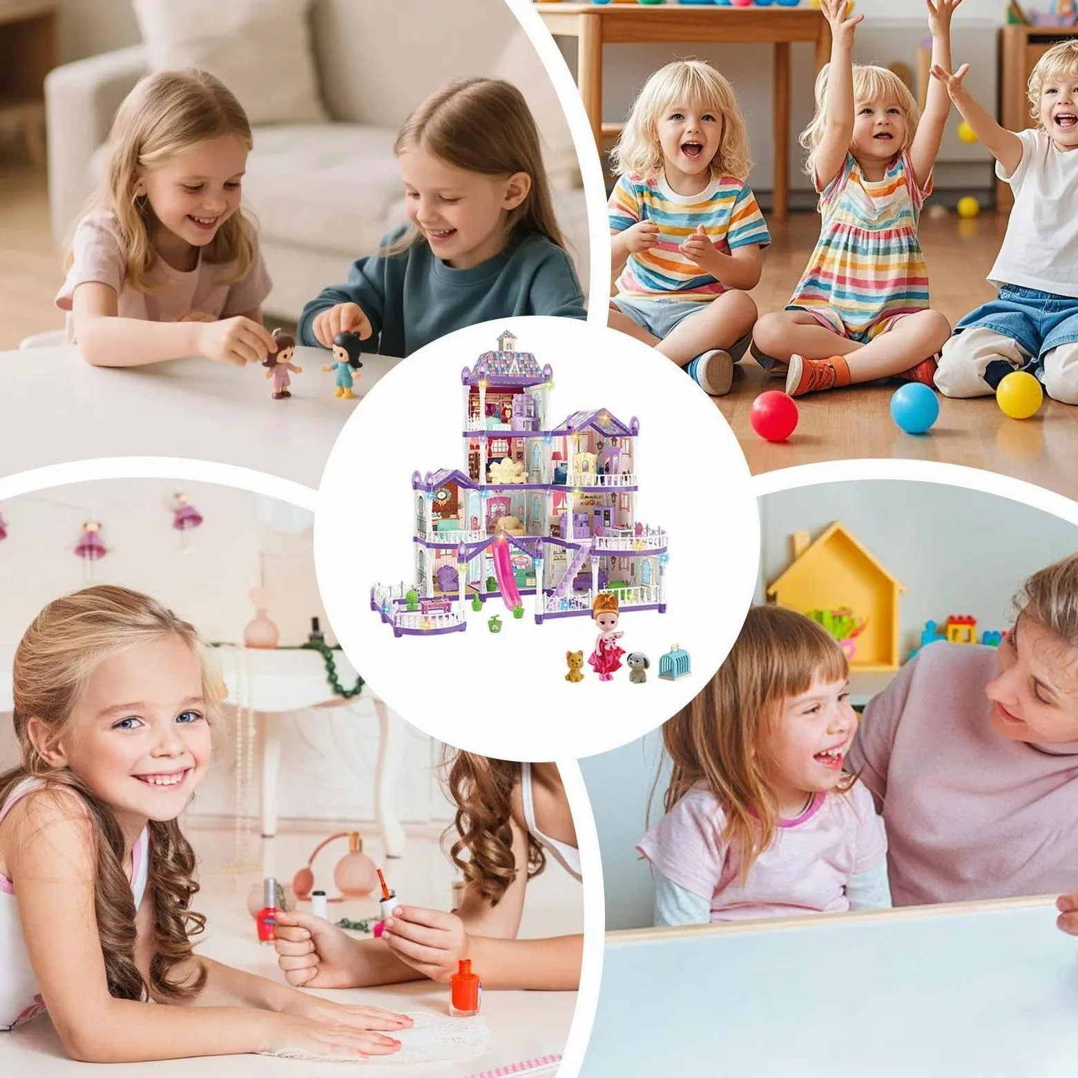 Casa delle Bambole per Ragazze 4 Piani 13 Stanze Villa Miniatura Da Montare | Villa con 3 Principesse, 2 Cuccioli e Arredamento Per Bambine 4-6 di Ruolo Indoor Regalo per Feste