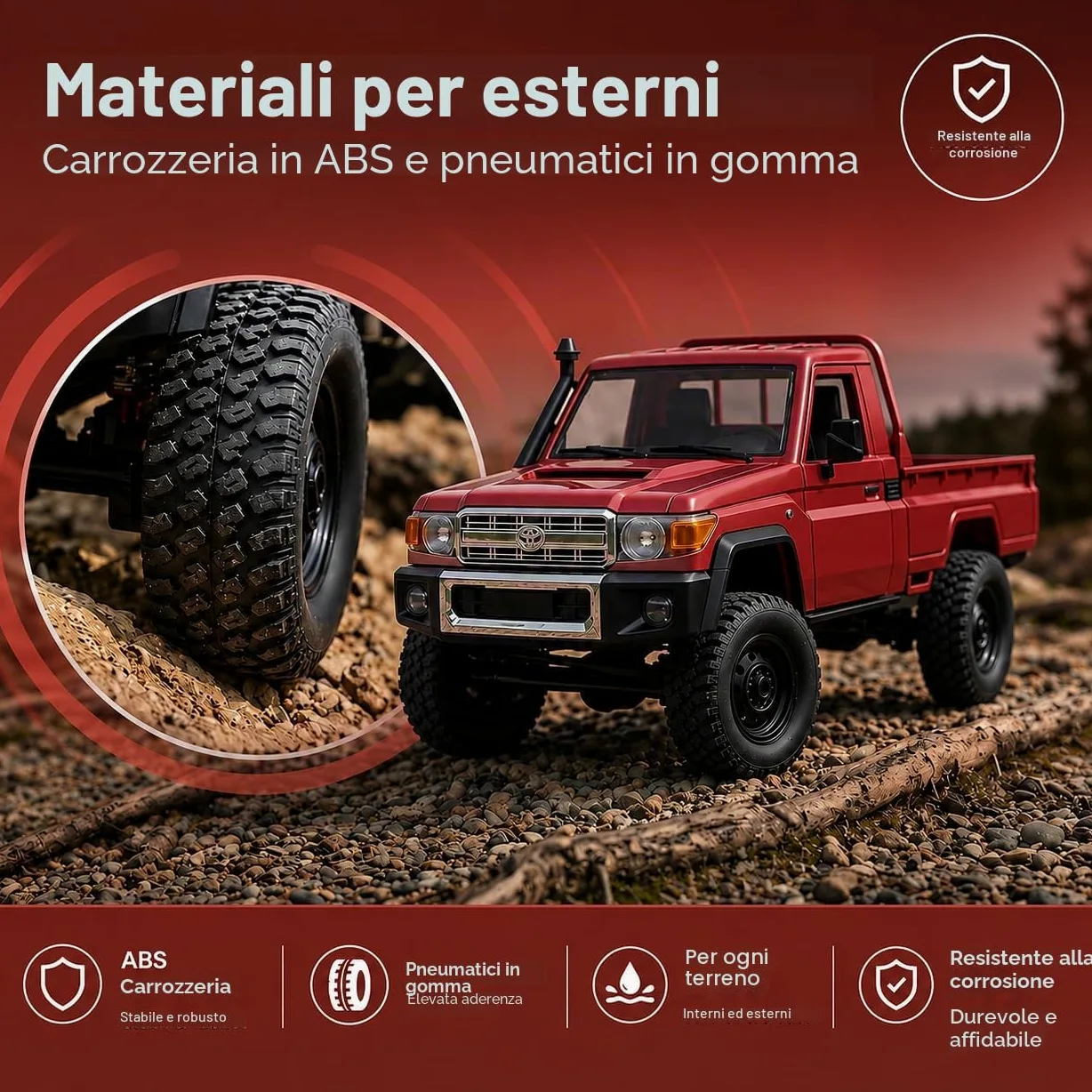 Toyota Land Cruiser | Auto RC telecomandato 1:12 | 4WD Crawler Pickup | Controllo 2,4 GHz 100 m | Luce LED | Li-Ion 7,4 V 500 mAh 30 min | Set completo RTR Offroad (Rosso)