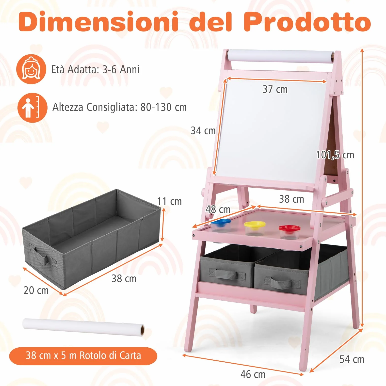 RELAX4LIFE 3 in 1 Lavagna per Bambini Cavalletto Doppia Faccia Magnetica Lavagna Bianca Rotolo Carta Scaffale Doppio 2 Cesto Tessuto Pieghevole Rosa