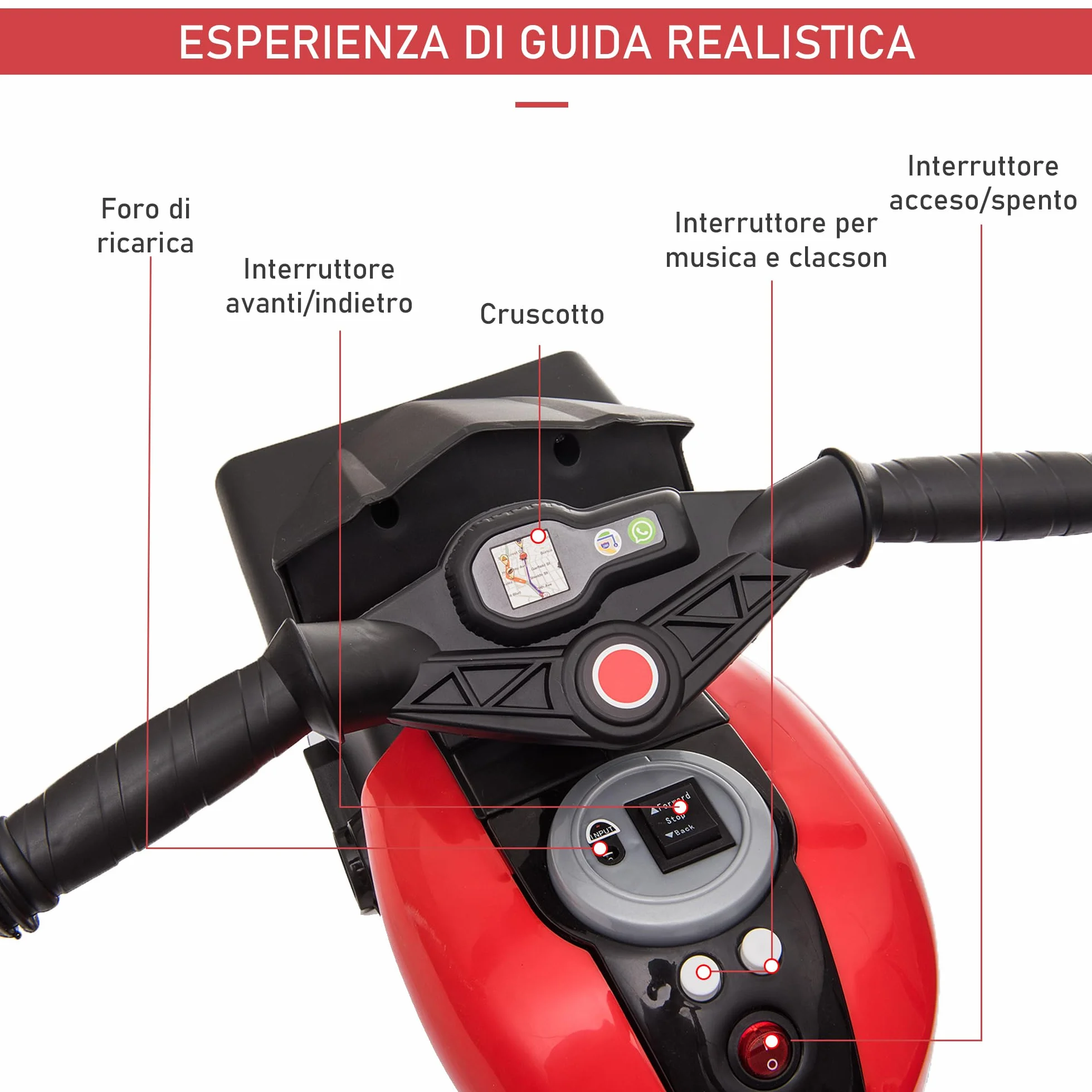 HOMCOM Moto Elettrica per Bambini 3-5 Anni 6V (max. 25kg), Velocità 3km/h, Motorino Elettrica per Bimbi con 3 Ruote, Luci e Suoni, Rosso, 86x42x52cm