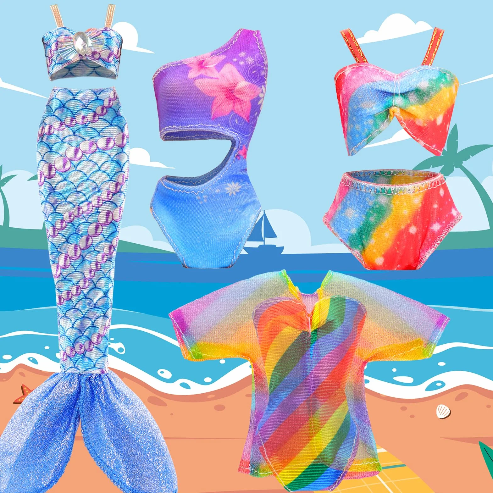 Miunana 23 Pezzi Per 11.5 Pollici 30 CM Bambola: 3 Costumi Da Bagno + 1 Vestito Sirena + 3 PCS Scarpe + Piscina + 15 Accessori D'Estate