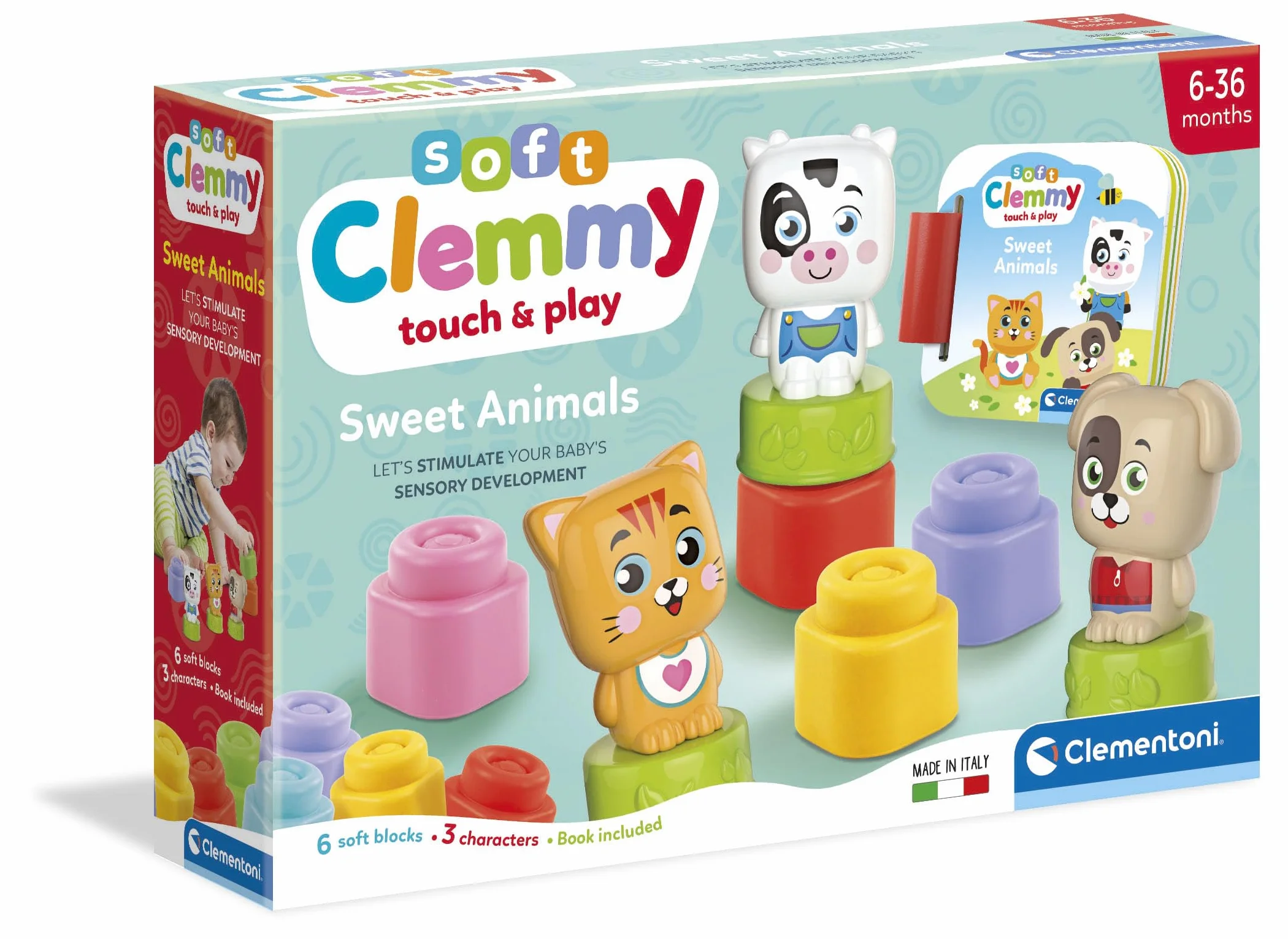 Clementoni Soft Clemmy - Sweet Animals, Play Set Bambini 6-36 Mesi, con 6 Mattoncini per Costruzioni e 3 Personaggi, Gioco Prima Infanzia Made in Italy, per Stimolare i Sensi dei più Piccoli, 17849