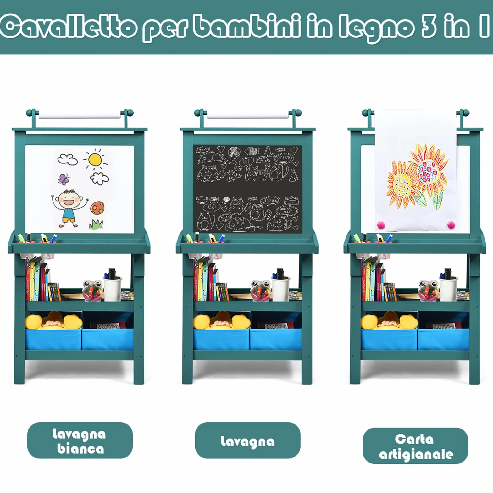 COSTWAY 3 in 1 Cavalletto per Bambini con Doppia Faccia, Legno (Blu)