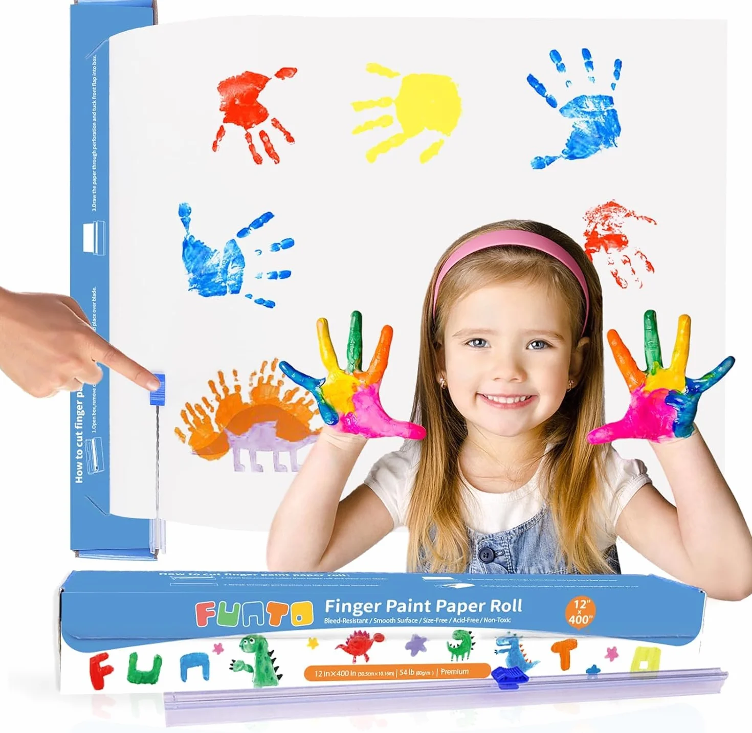 Funto Rotolo di carta per pittura con le dita, 12''x400'', senza dimensioni, bianco, carta da pittura grande per bambini piccoli, carta artistica per bambini, carta per dipingere, facile da tagliare