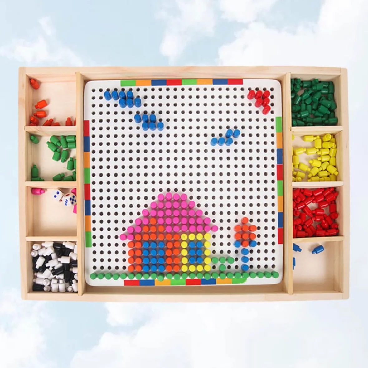 Gioco Puzzle a Chiodini Fungo Colorato per Bambini in Legno | Bianco, per Quotidiano e Compleanno, Ricca Creatività e Fantasia, Riconoscimento Colori