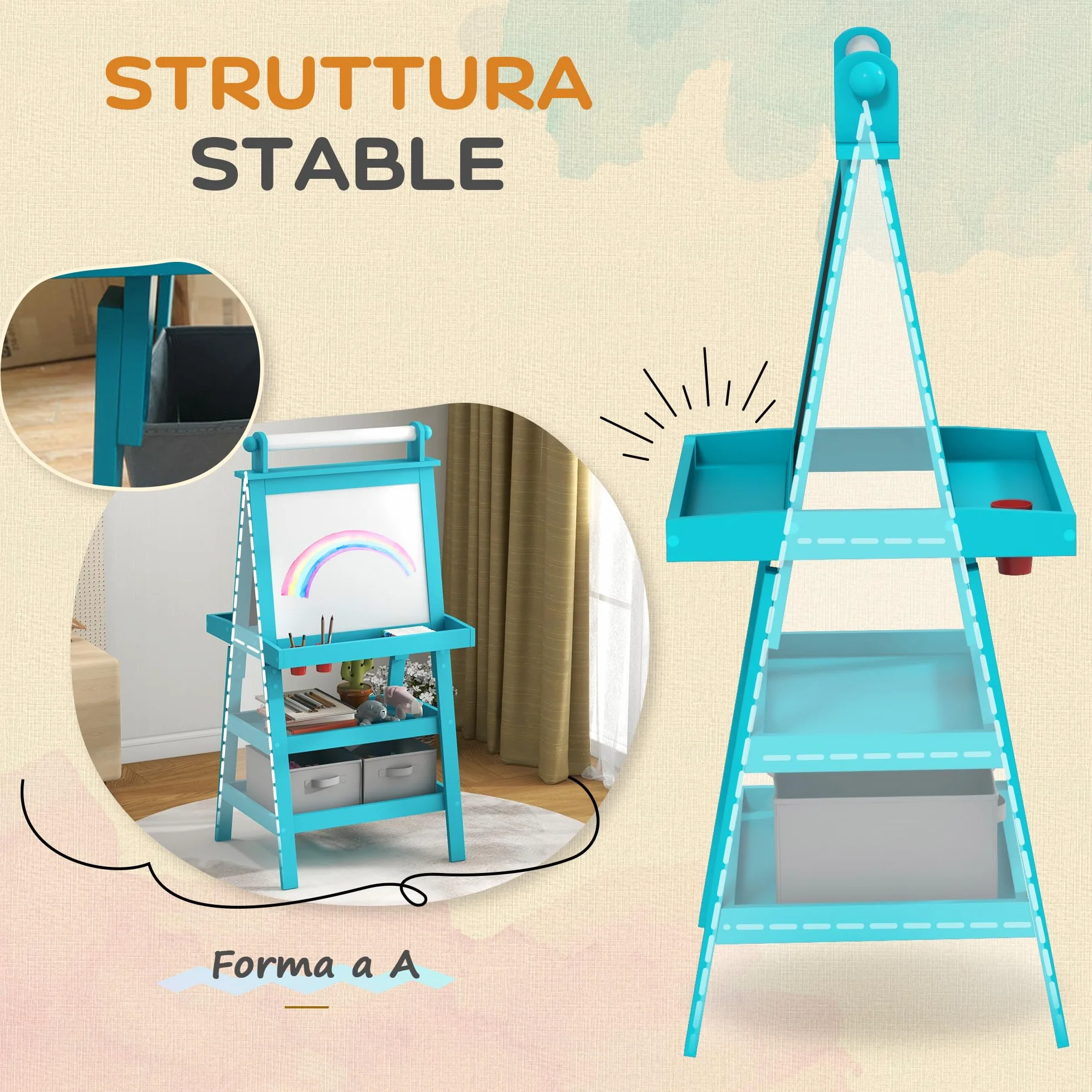AIYAPLAY Lavagna Magnetica per Bambini a Doppia Facciata con Cavalletto in Legno, Bianco e Nero, Rotolo di Carta e 2 Contenitori, 3-6 Anni