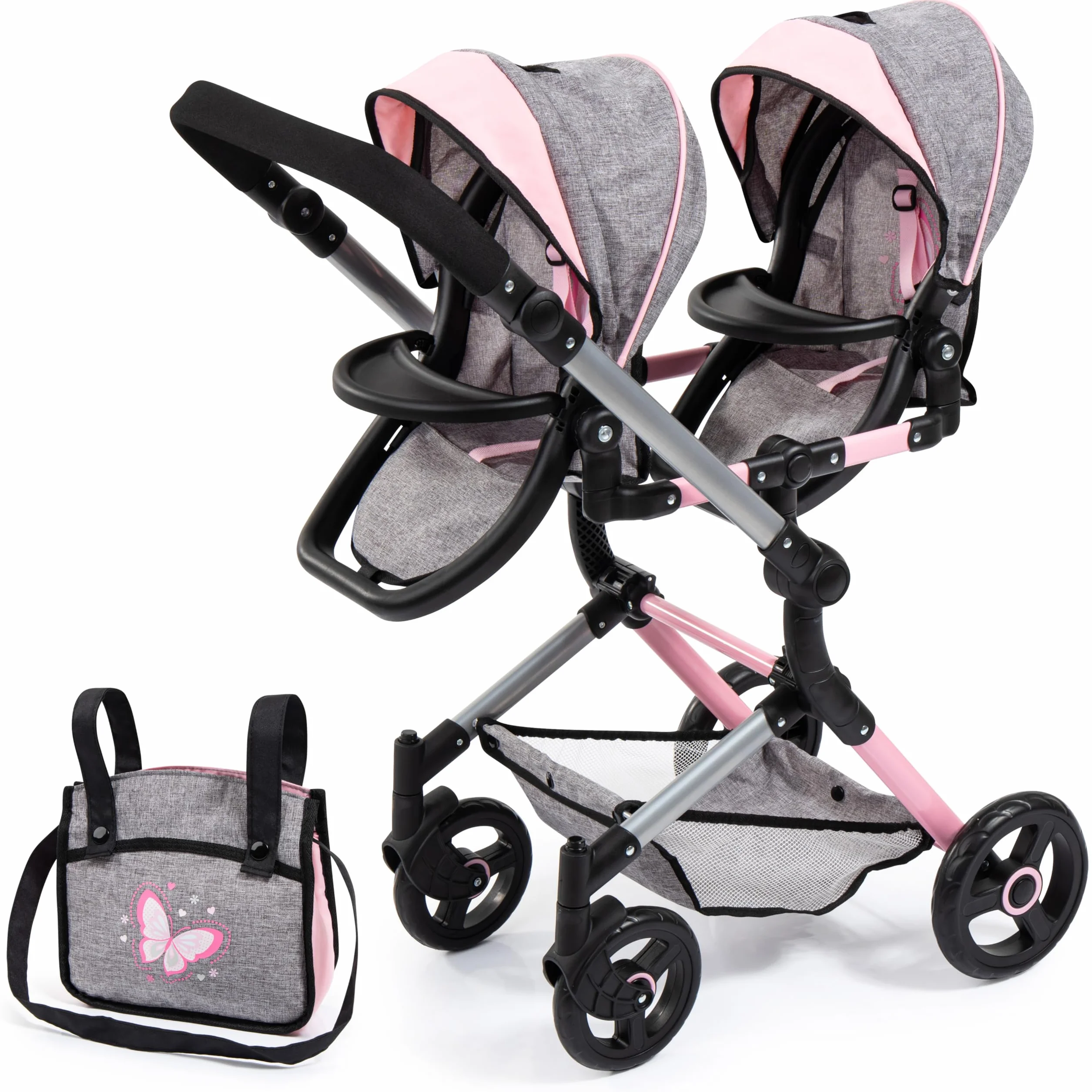 Bayer Design 26233AA carrozzina gemellare per bambole Twin Neo con borsa, passeggino doppia, regolabile in altezza, pieghevole, sedili inseribili singolarmente, ruote anteriori piroettanti
