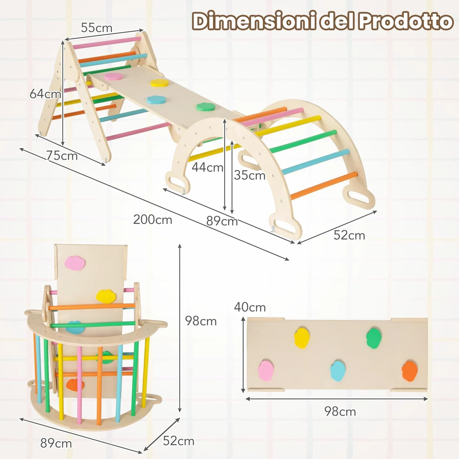 RELAX4LIFE 4 in 1 Triangolo da Arrampicata con Scivolo per Bambini, Arco da Arrampicata e Scala per Arrampicarsi in Legno, Montessori Giocattoli Bimbi 2 3 4 5 Anni