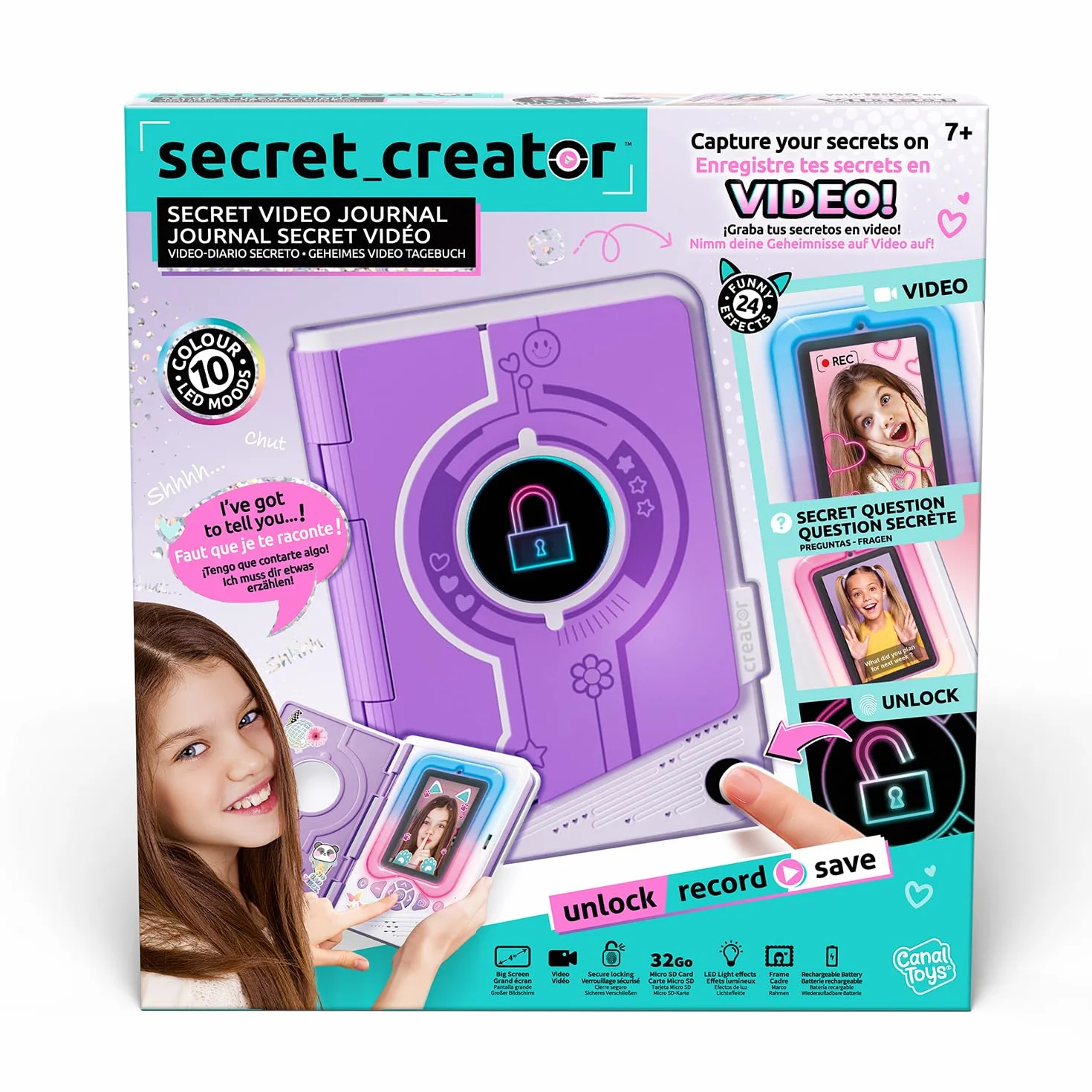Canal Toys Diario Segreto Video Bambini Viola - 32 GB Registra Video Foto Impronta Digitale 24 Effetti LED