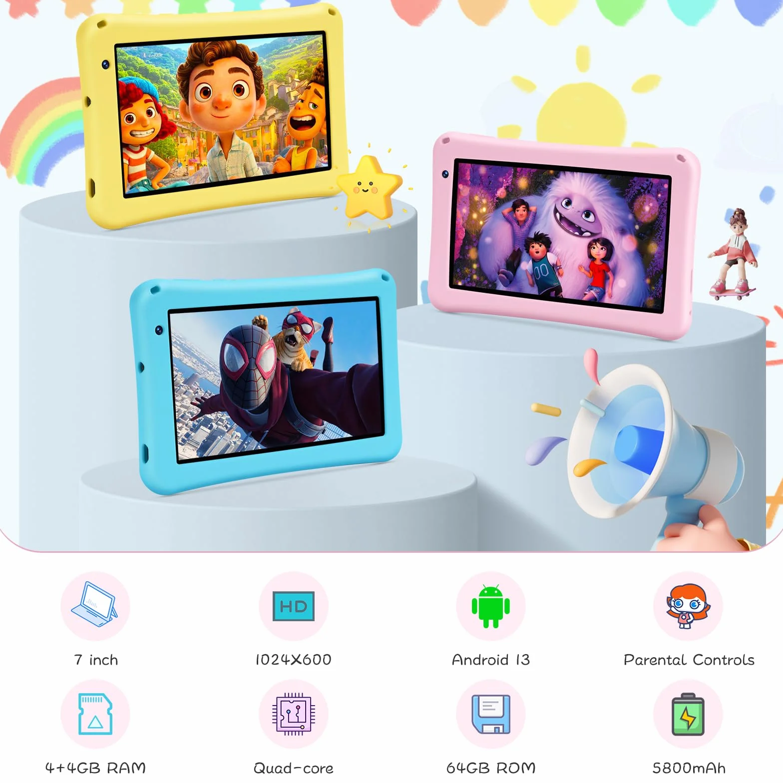 Tablet bambini 7 pollici, tablet Android 13, Octa-Core, 8GB+64GB (256 espandibili), 5800mAh Batteria, 5MP+8MP Fotocamera, Software per bambini precaricato, tablet con custodia (blu)