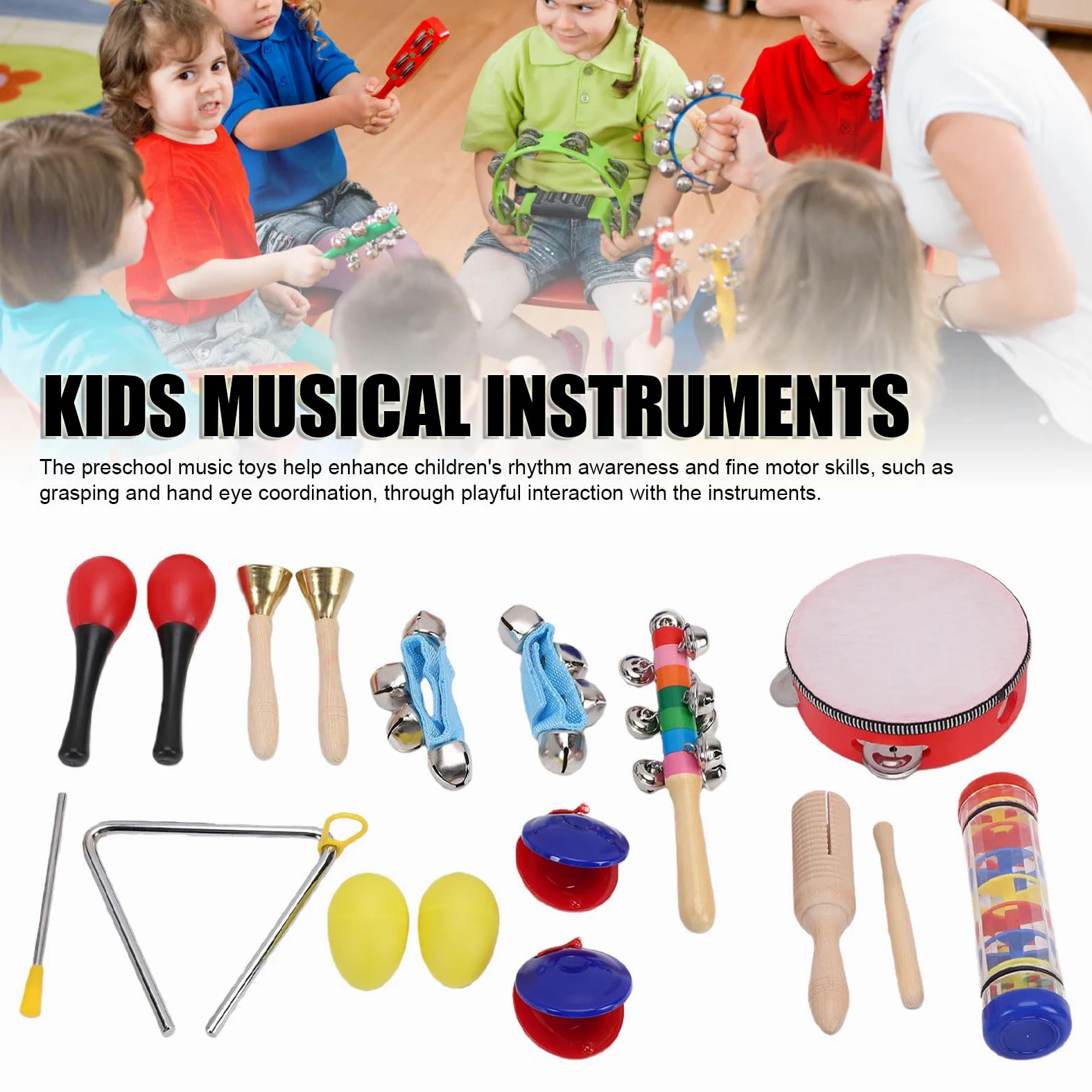 Keenso Strumenti Musicali per Bambini, Set di Percussioni con Tamburello e Battagli Maracas, Dai 3 Agli 8 Anni, Giocattoli Musicali Educativi per Bambini