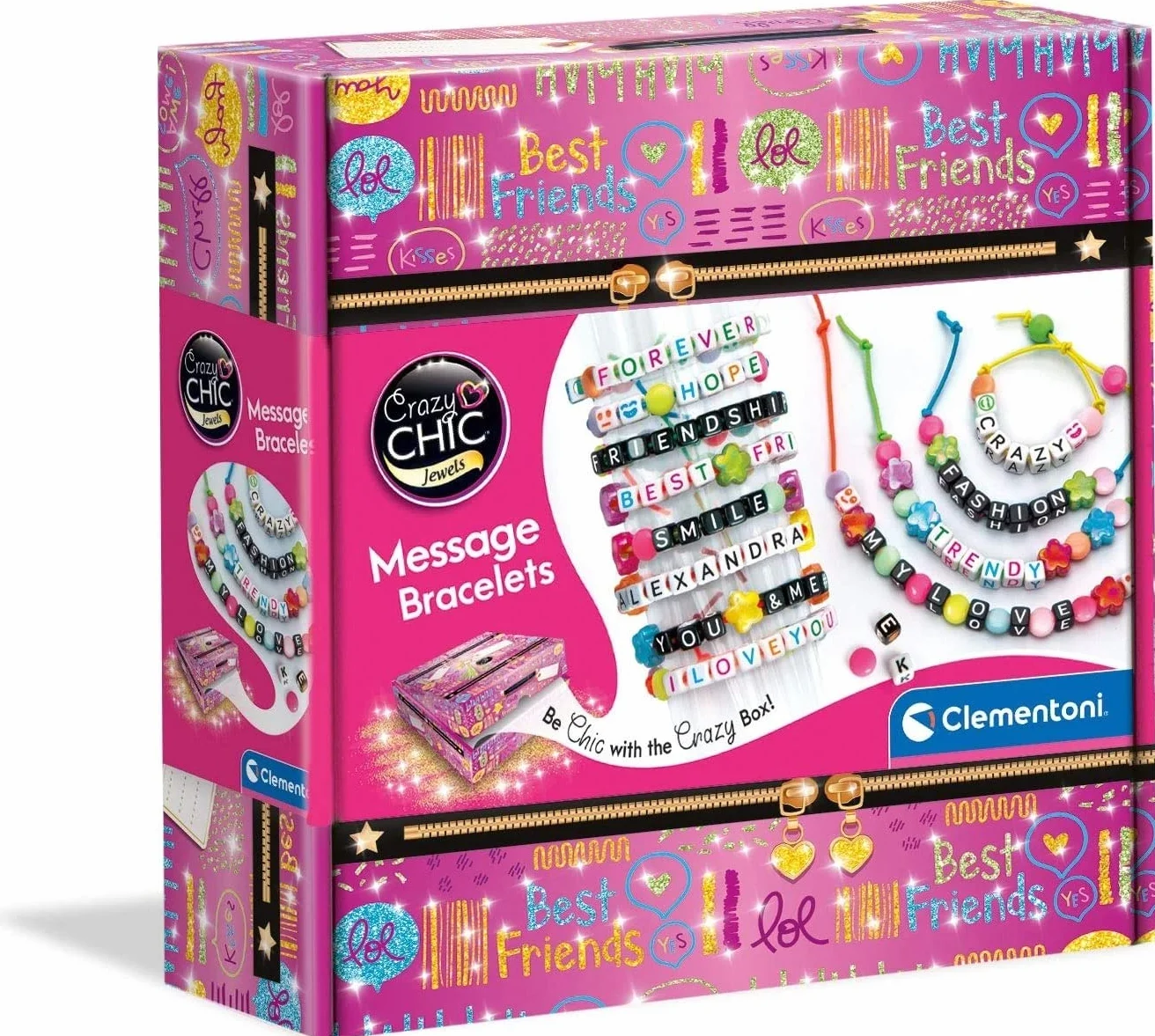 Clementoni Crazy Chic - Message Bracelets, Kit Gioielli Creativi per Bambini 7+ Anni, Braccialetti e Collane Personalizzabili con Lettere e Perline Colorate, Idea Regalo per Bambine, 18634