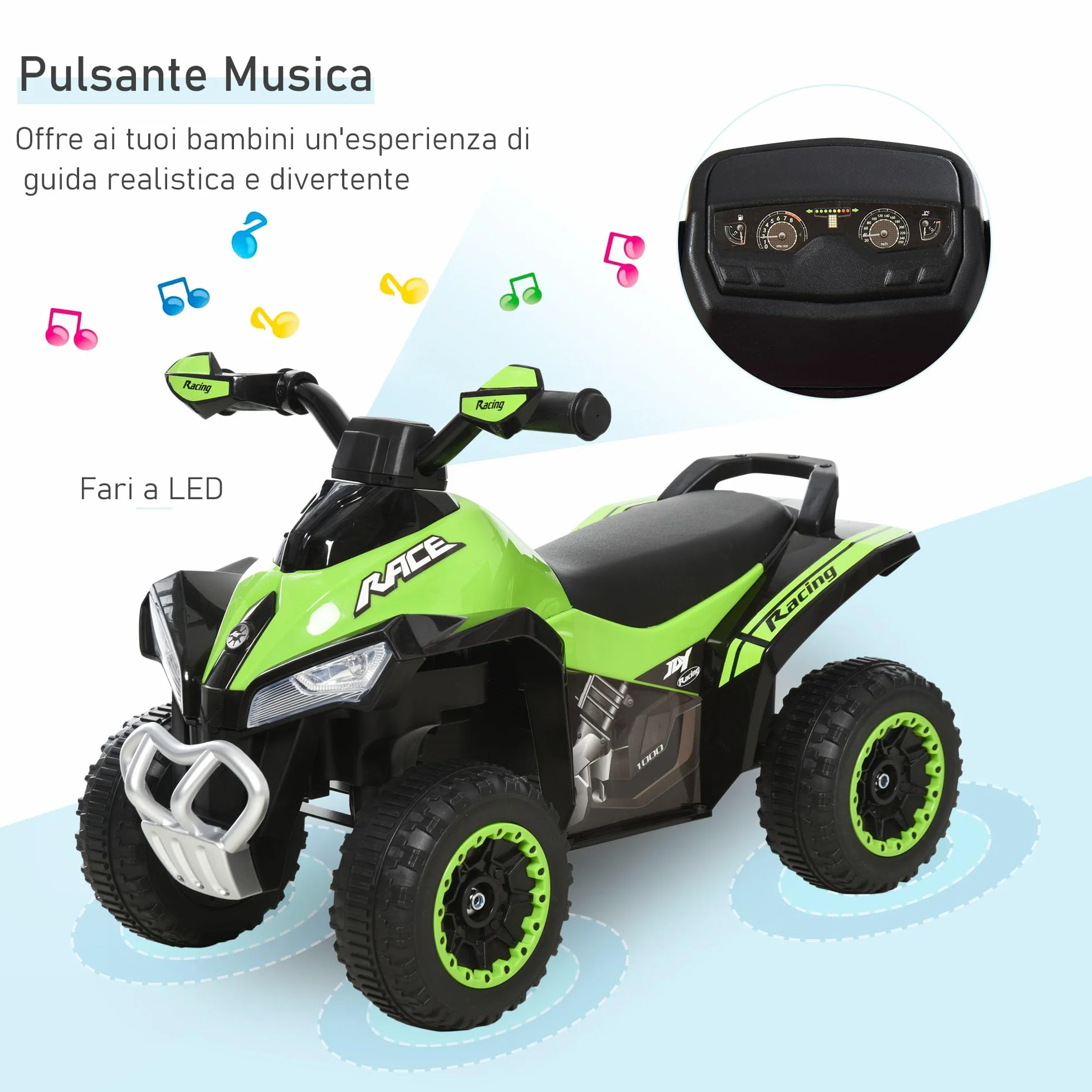 HOMCOM Mini Quad per Bambini 18-36 Mesi, PP e Metallo, Spinta Manuale, Musiche, Fari, 67.5x38x44cm, Verde