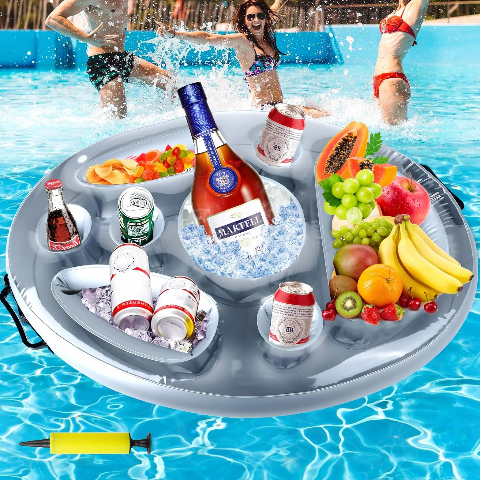 Amzeeniu Portabibite Gonfiabile Portabevande 2-in-1 e Porta Snack Bar Piscina Portabottiglie Galleggiante PVC Portabottiglie Gonfiabile Galleggiante Festa in Piscina Estiva