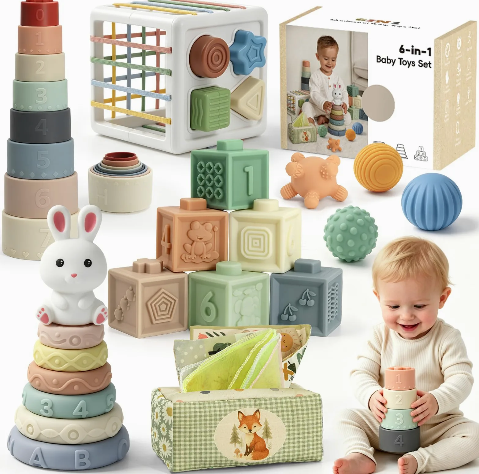 Anook Giochi Neonato 6-9-12 Mesi, 6 in 1 Giochi Montessori 6 Mesi | Giochi Sensoriali per Neonati con Giochi Impilabili ,Scatola di Fazzoletti,Cubi di Forme da Smistare,Regalo Neonato 6-12 Mesi