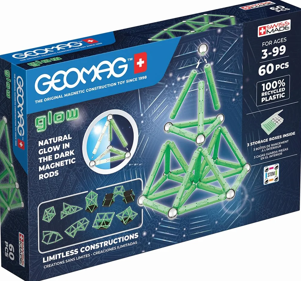 Geomag, Glow Recycled, Costruzioni Magnetiche Effetto Glow, Barrette Magnetiche che si Illuminano al Buio, Confezione da 60 Pezzi, Plastica 100% Riciclata