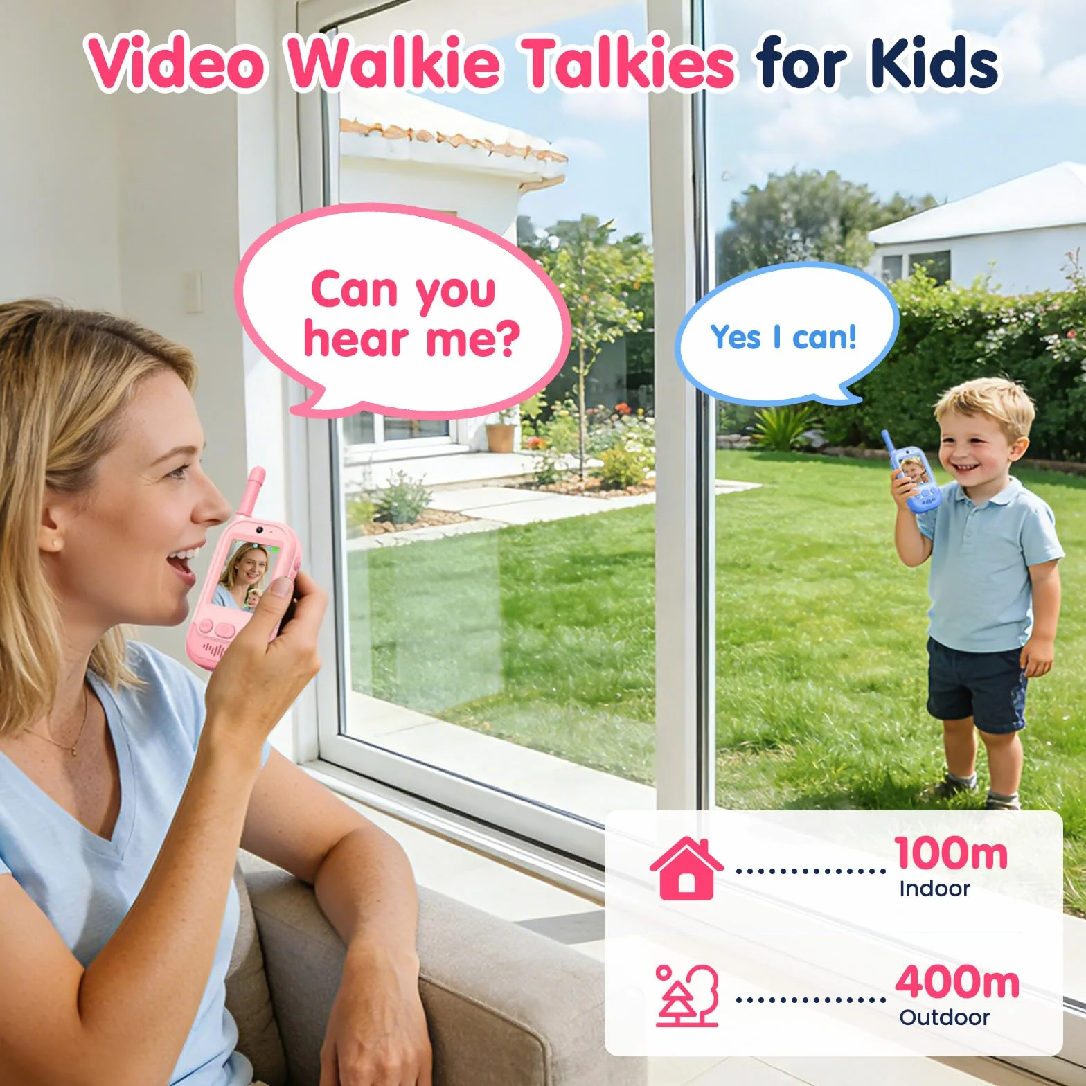 Gofunly Video Walkie Talkie Bambini Set da 2 Ricaricabili Interfono Video Giochi Interni Esterni Rosa Blu