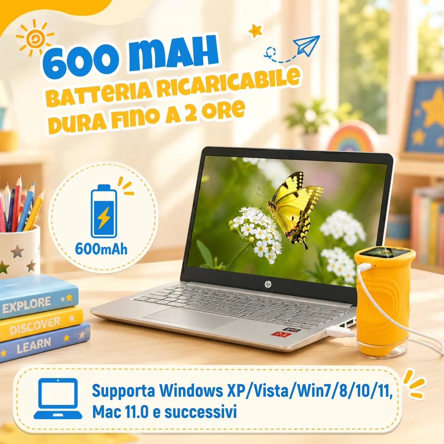 1000X Microscopio per Bambini, Microscopio Digitale Portatile HD 1080P con Display da 2,4" per Lente d'ingrandimento ed con Foto,Adatto come regalo di Natale,Compleanno o Capodannodai 3 agli 8