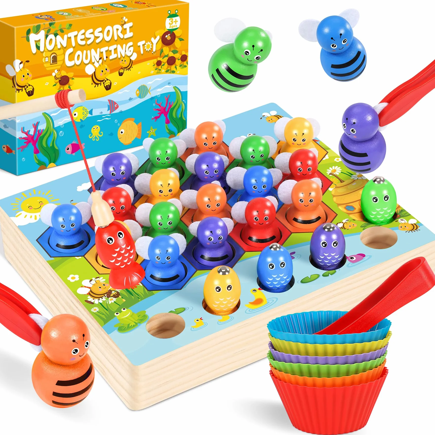 Ophy Giochi Montessori 2 3 4 5 Anni - Giocattolo in Legno Corrispondenza dei Colori Giocattoli Educativi con Ciotola 3 in 1 Giocattolo di Conteggio Bambini Regali per Ragazzi e Ragazze Gioco di Pesca