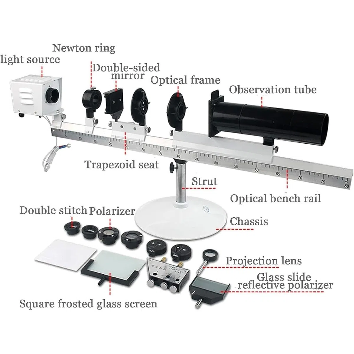 Kit for esperimenti su Guida Ottica calibrato a Doppia fenditura, interferenza della Luce, diffrazione, polarizzazione, Fisica, 80 cm, Anello di Newton Young
