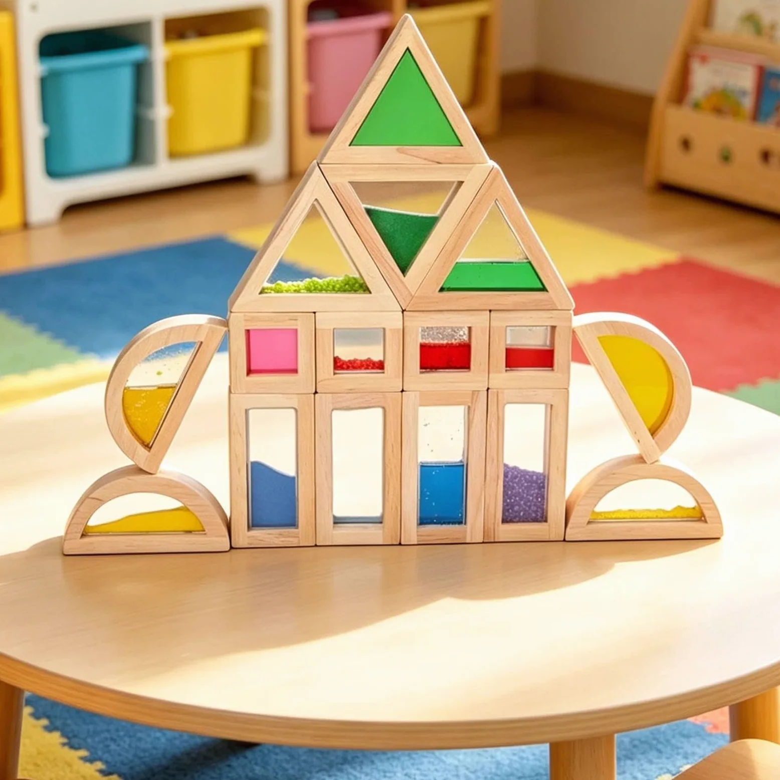 Blocchi da Costruzione in Legno, Gioco di Blocchi impilabili Arcobaleno, Giocattoli sensoriali Multicolori per la Prima Infanzia, creatività