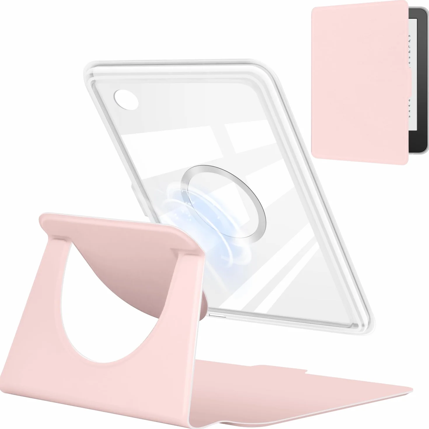 YoungMe Custodia girevole a 360 gradi per Kobo Clara BW 2024 da 6", design magnetico staccabile, supporto regolabile, retro trasparente, con funzione di accensione e spegnimento automatico (rosa)