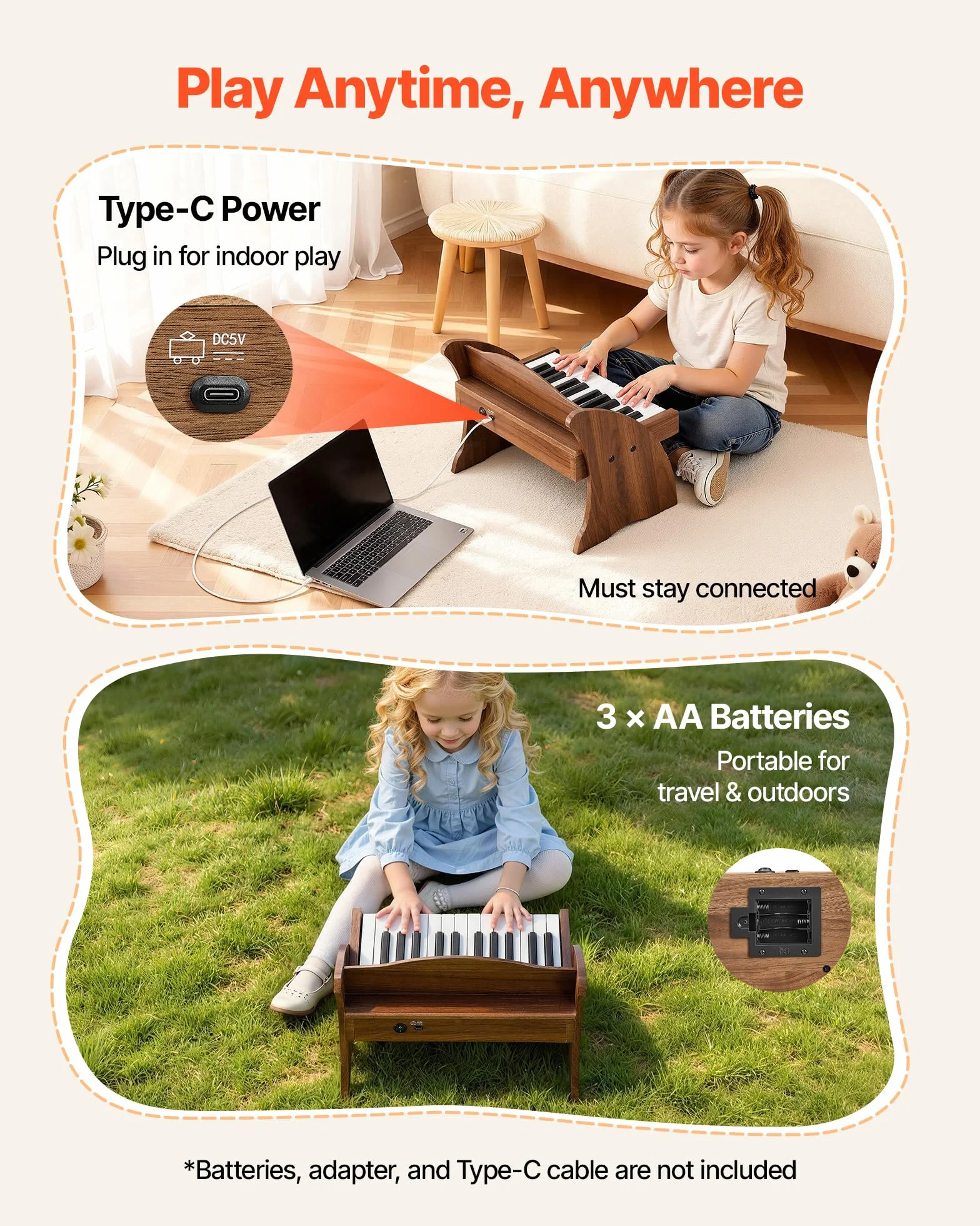 VEVOR Tastiera per Pianoforte per Bambini in Legno a 25 Tasti, Mini Strumento Musicale Giocattolo Educativo con Suono Realistico, Doppia Alimentazione, Volume Regolabile per Bambini Piccoli