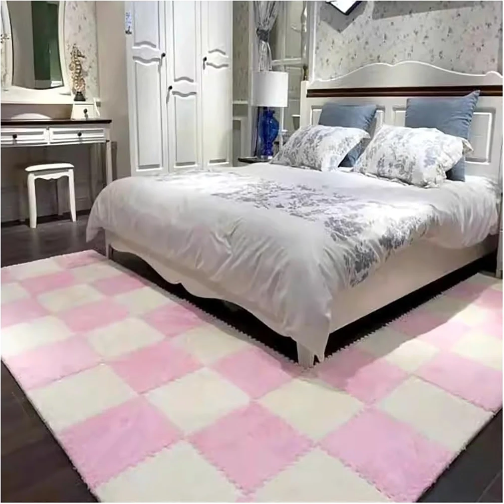 Tappetini in schiuma di peluche ispessita, ad incastro, morbido, antiscivolo, a pelo lungo, per stanza dei giochi dei bambini, tappeto puzzle con bordi (rosa e viola, 32 pezzi)