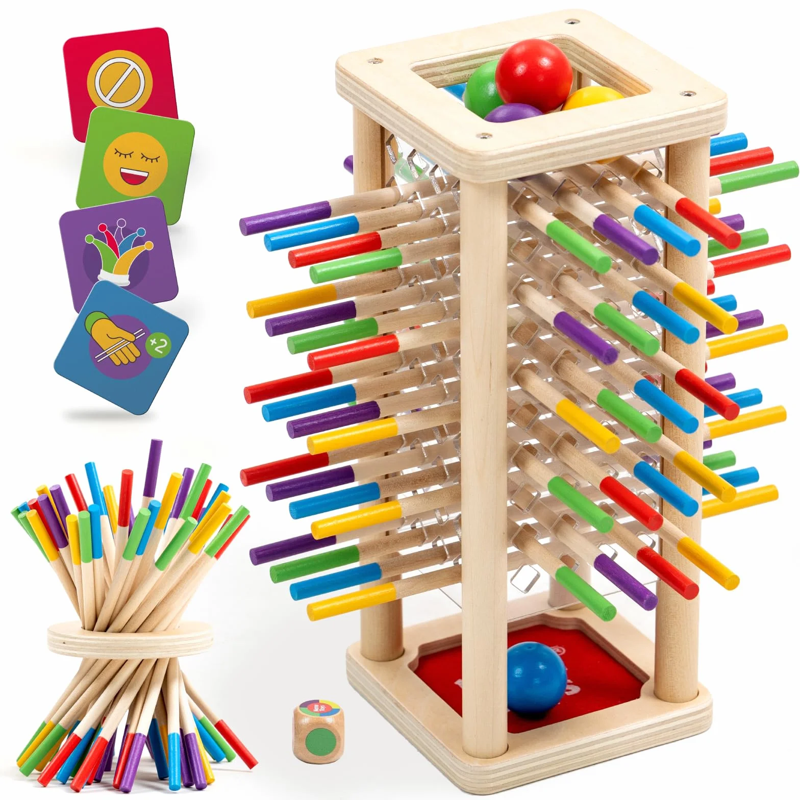 Nene Toys BALLFALL – Giochi Educativi Montessori in Legno per Bambini 3 4 5 6 Anni – Gioco da Tavolo con Bastoncini, Dado e Carte – Regalo per Motricità Fine e Abilità Logiche 3-9 Anni