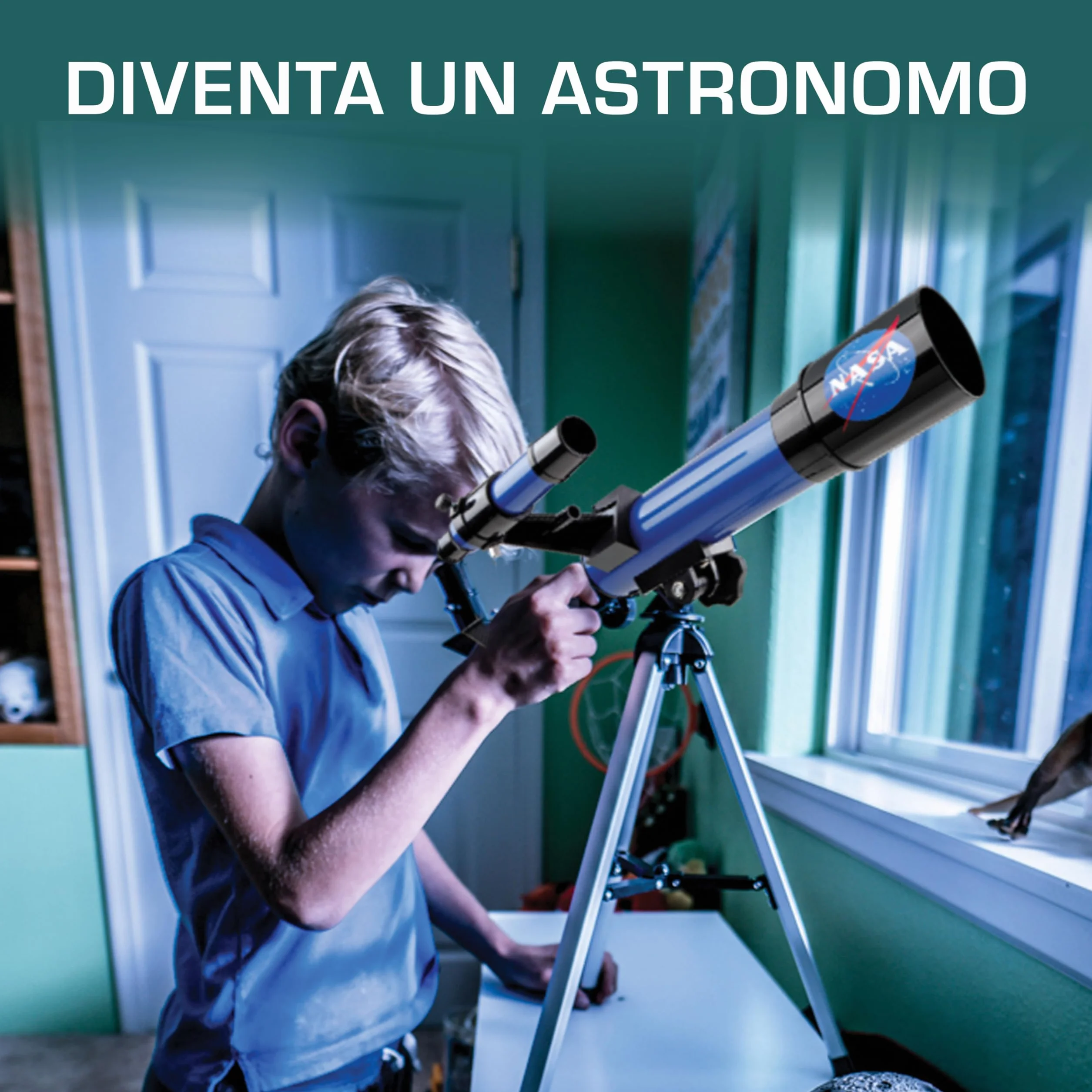 Blue Marble Telescopio Lunare NASA per Bambini – Ingrandimento 90x, con Due Oculari, Treppiede da Tavolo e Mirino, Telescopio per l’Osservazione della Luna, Giochi Spaziali, Regali NASA