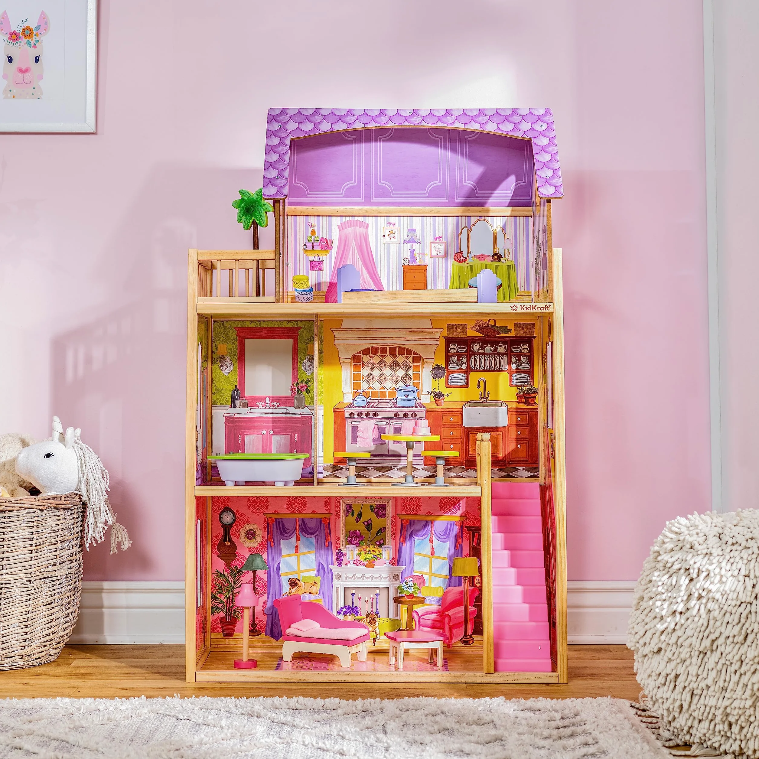 KidKraft Casa delle Bambole in Legno Kayla per Bambole di 30 cm con Accessori e Mobili inclusi, Casa a 3 Livelli di Gioco, Giocattolo per Bambini 3+ Anni, 65092, Esclusivo Amazon