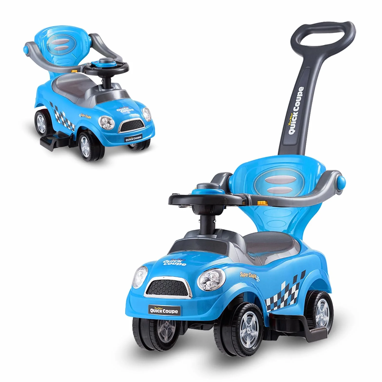RELAX4LIFE 3 in 1 Macchina Cavalcabile per Bambini, Macchina a Spinta, Guardrail Staccabili, Vano Portaoggetti, Maniglia Clacson, Blu 2-6 Anni