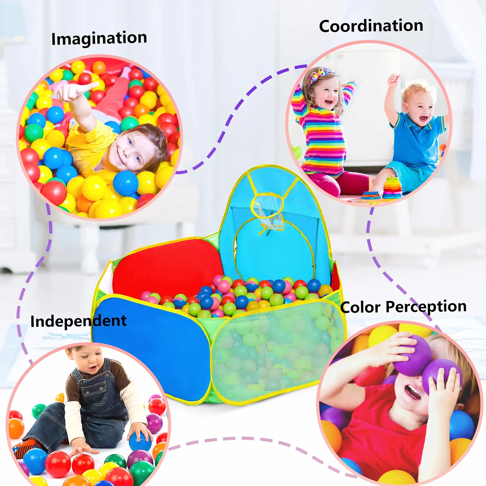 Eocusun Piscina per palline per bambini, per interni ed esterni, tenda da gioco portatile con canestro da basket e borsa con cerniera (palline non incluse)