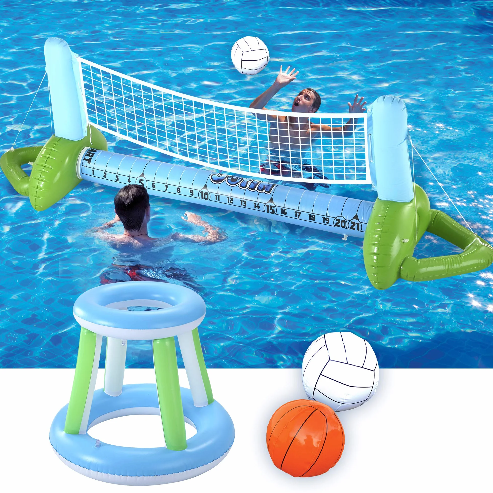 JOYIN Set da Pallavolo Gonfiabile per Piscina Bambini Adulti, Rete da Pallavolo Canestri da Basket Set Galleggiante per Piscina, Gioco di Nuoto Divertente per Feste