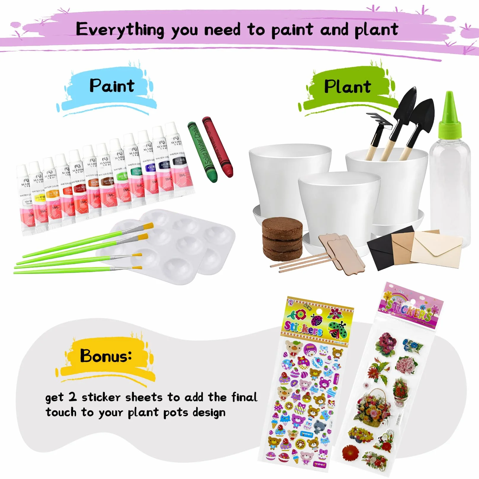 Kit di Giardinaggio per Bambini Pittura e Piantagione Giocattolo Fiori per Ragazze e Ragazzi, Regalo Vasi per Fiori Artigianato Set Coltivare e Piantare per Bambini di 4 5 6 7 8 9 10 11 12 13 14 Anni