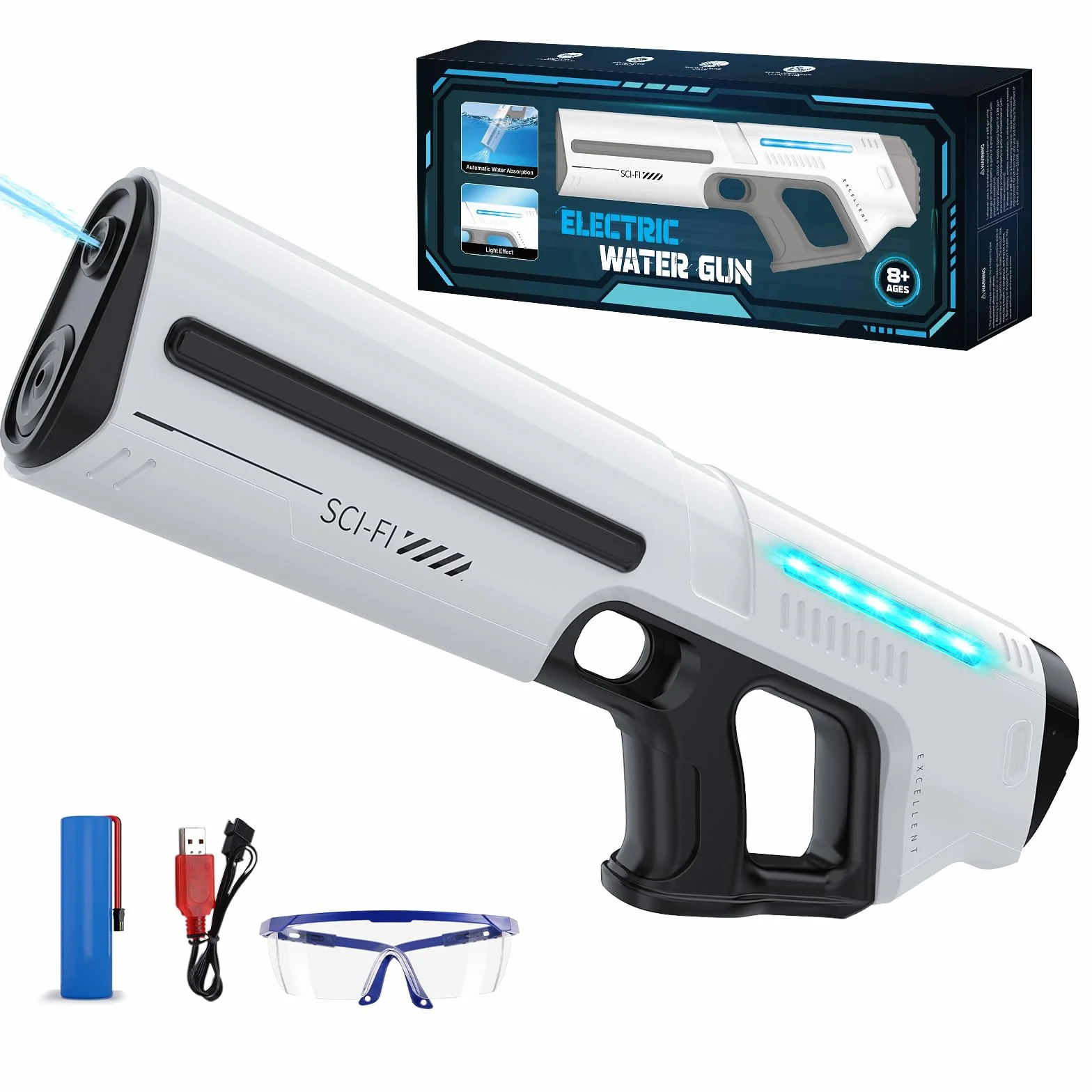 Skirfy Pistola ad acqua elettrica per bambini e adulti, giocattolo a spruzzo a batteria con serbatoio, portata 9 m, luce a LED, assorbimento automatico dell'acqua, gioco estivo in spiaggia all'aperto