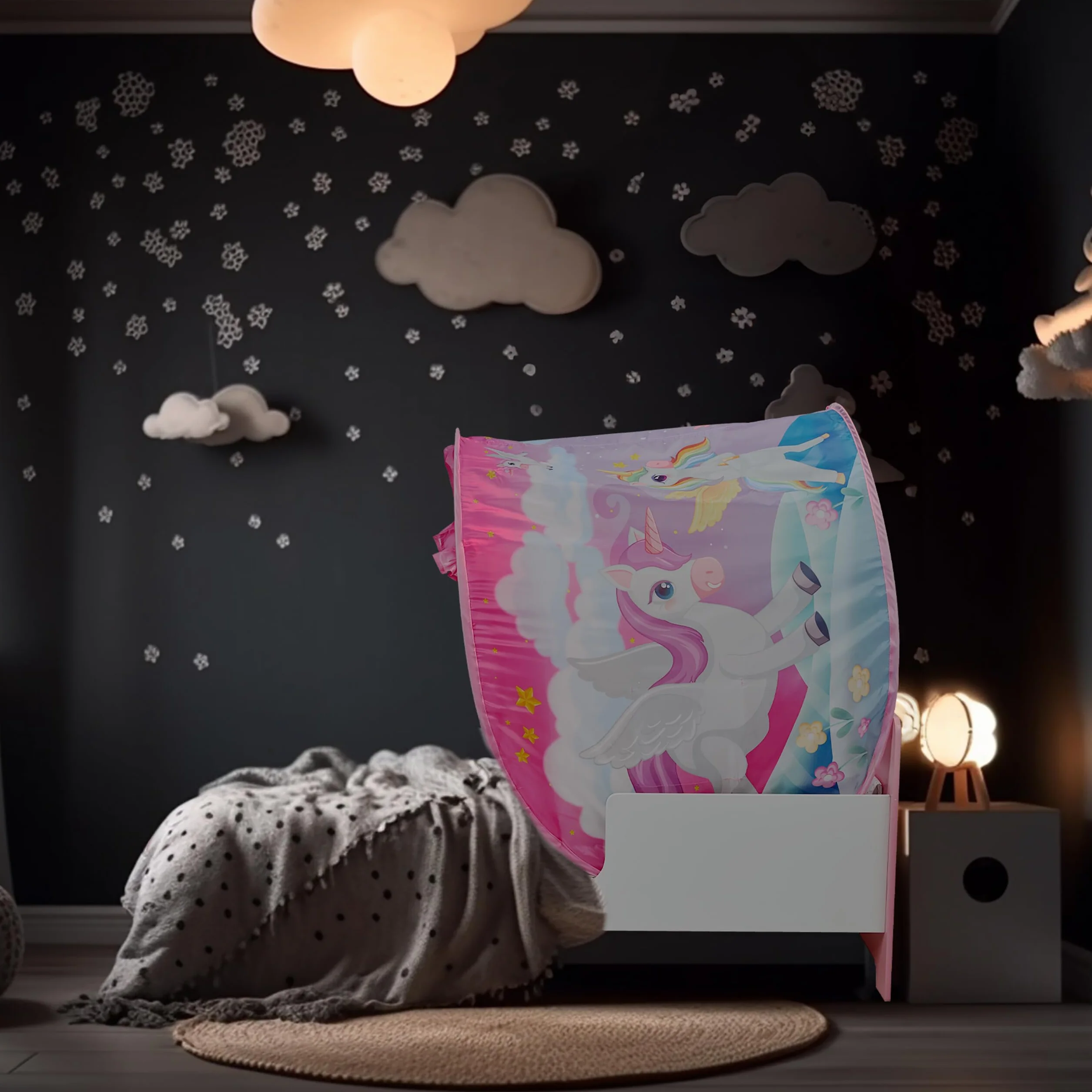 Relaxdays Tenda da Letto per Bambini, 220 x 79 cm, Cupola da Gioco, Funzione Pop-Up, Rifugio per la Cameretta, Unicorno