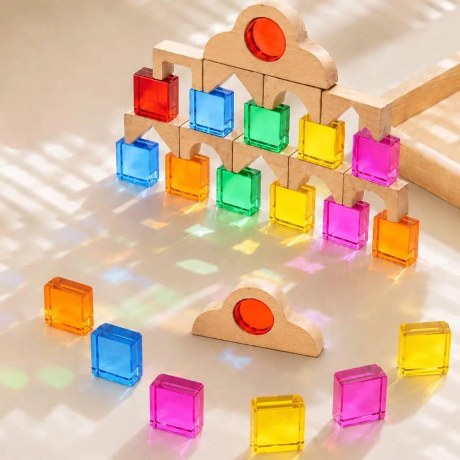 Blocchi da Costruzione Bambini Set Gioco Educativo Creativo Sensoriale Mattoncini Geometrici Pezzi Impilabili Inserti Colorati Legno Faggio E Acrilico