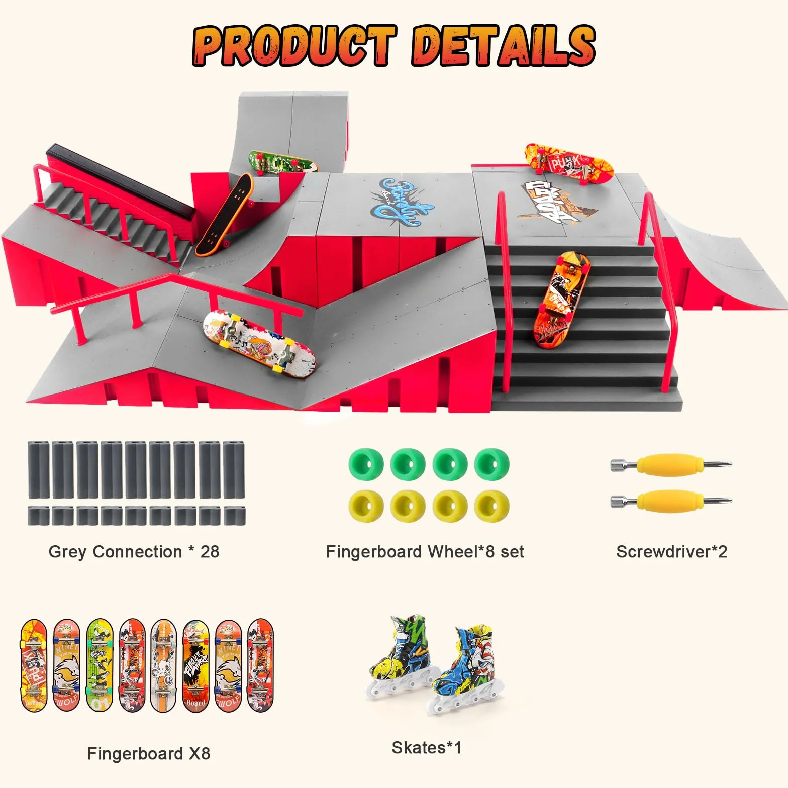 Tlater Finger Skateboard Park Kits, 14 in 1 Bigger Finger Skateboard Ramp Set fai da te Fingerboard Skatepark per bambini, regalo di compleanno (rosso)