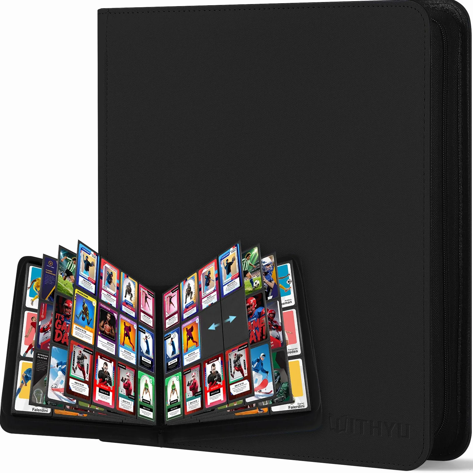 WITHYU Album da Collezione per Carte 12 Tasche, Capacità 720 Carte, Impermeabile, con Chiusura Lampo, per TCG, Calcio e Carte da Collezione, Portatile (Nero)