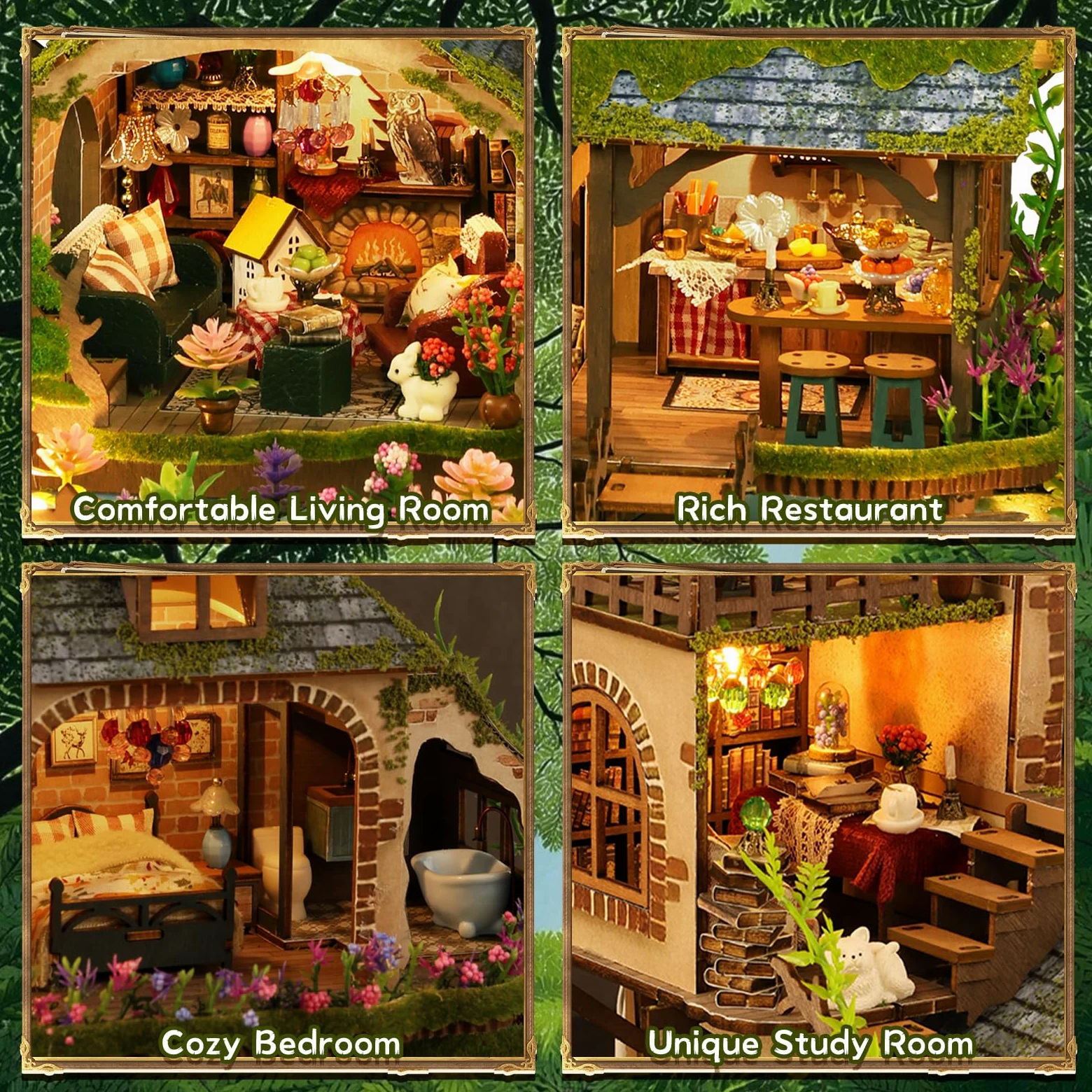 Kit fai da te in miniatura, kit per casa delle bambole vittoriana, puzzle 3D in legno per libreria, kit per la costruzione di mini case delle bambole per adulti e adolescenti (Cottage nella foresta)
