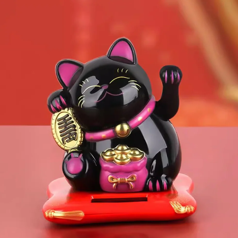 Gatto Ondeggiante Solare, Maneki Neko Fortunato, Alimentato Ad Energia Solare per Negozi, Ristoranti E Decorazioni per La Casa (Nero)